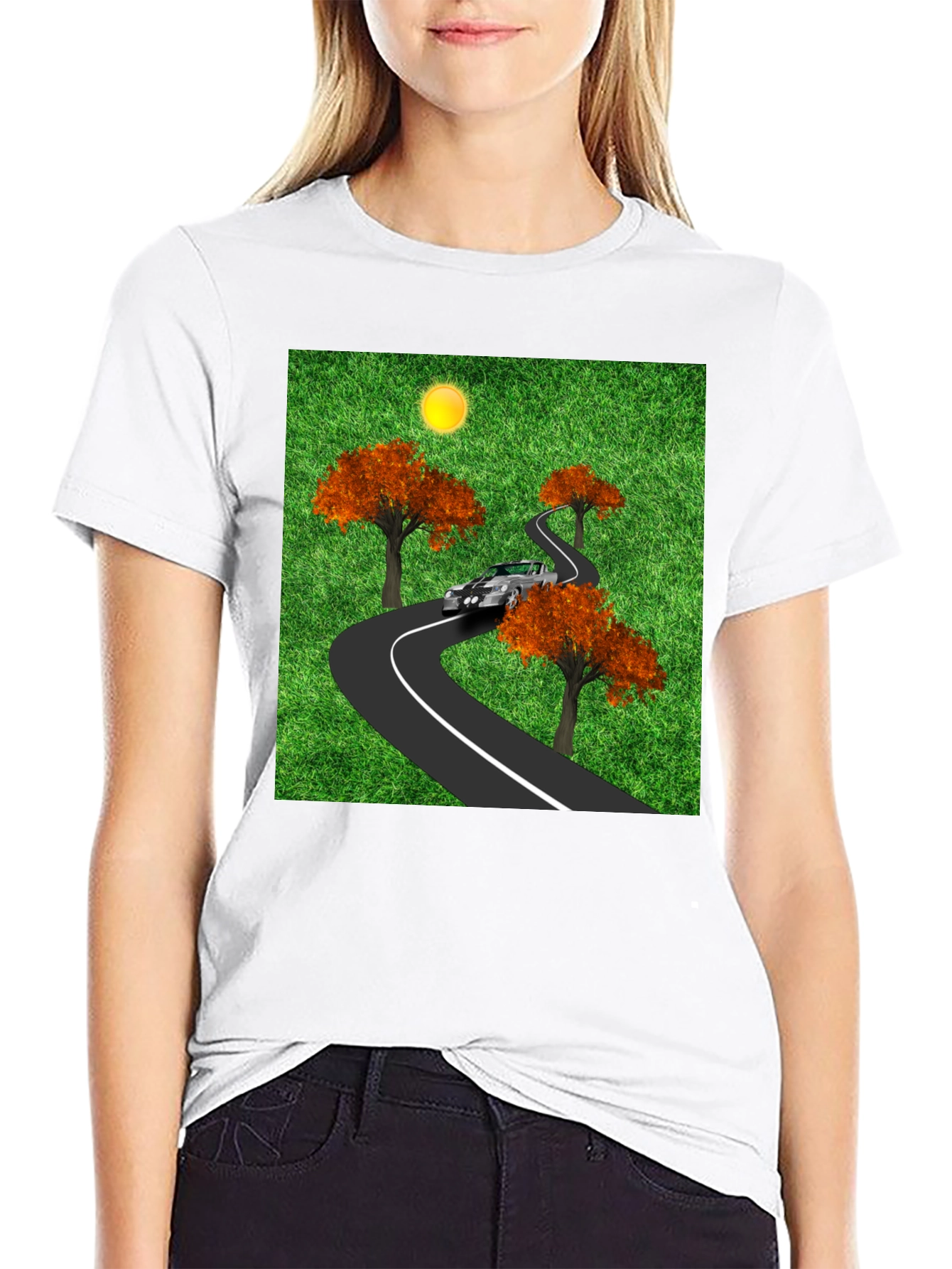 Black Road Trip T-Shirt - Car, Trees, and Scenic Route view 9