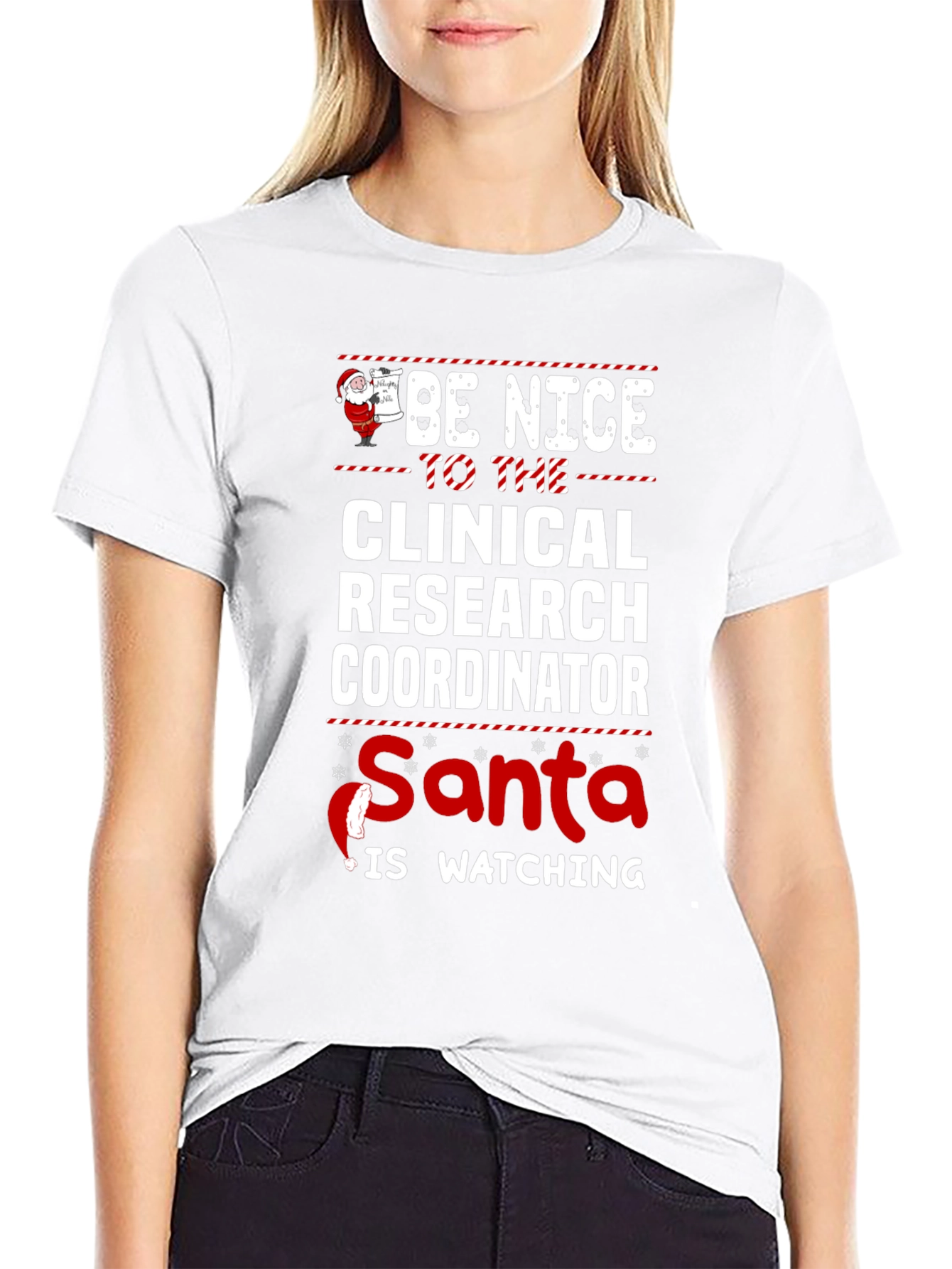 Black Clinical Research Coordinator Santa is Watching T-Shirt view 9
