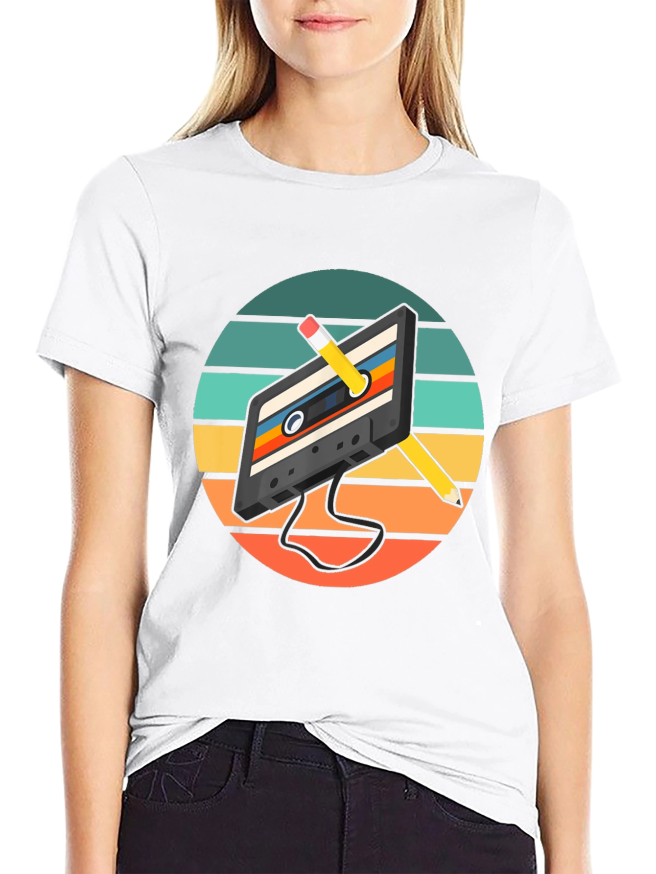 Black Retro Cassette Tape & Pencil Graphic Tee view 9