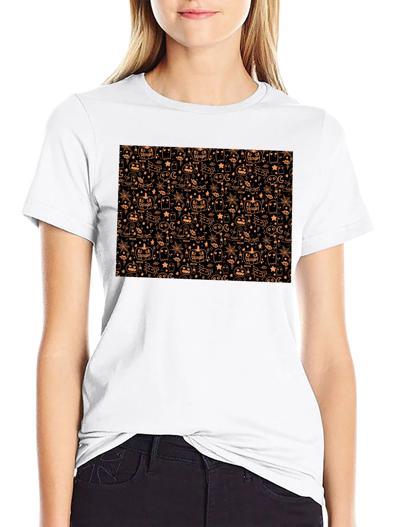 Black Halloween Pattern T-Shirt - Spooky Season Style view 9