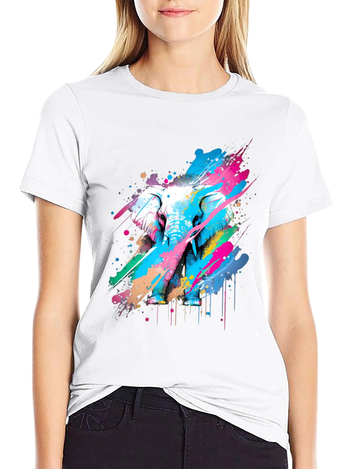Black Colorful Elephant Graphic T-Shirt - Artistic Design view 9
