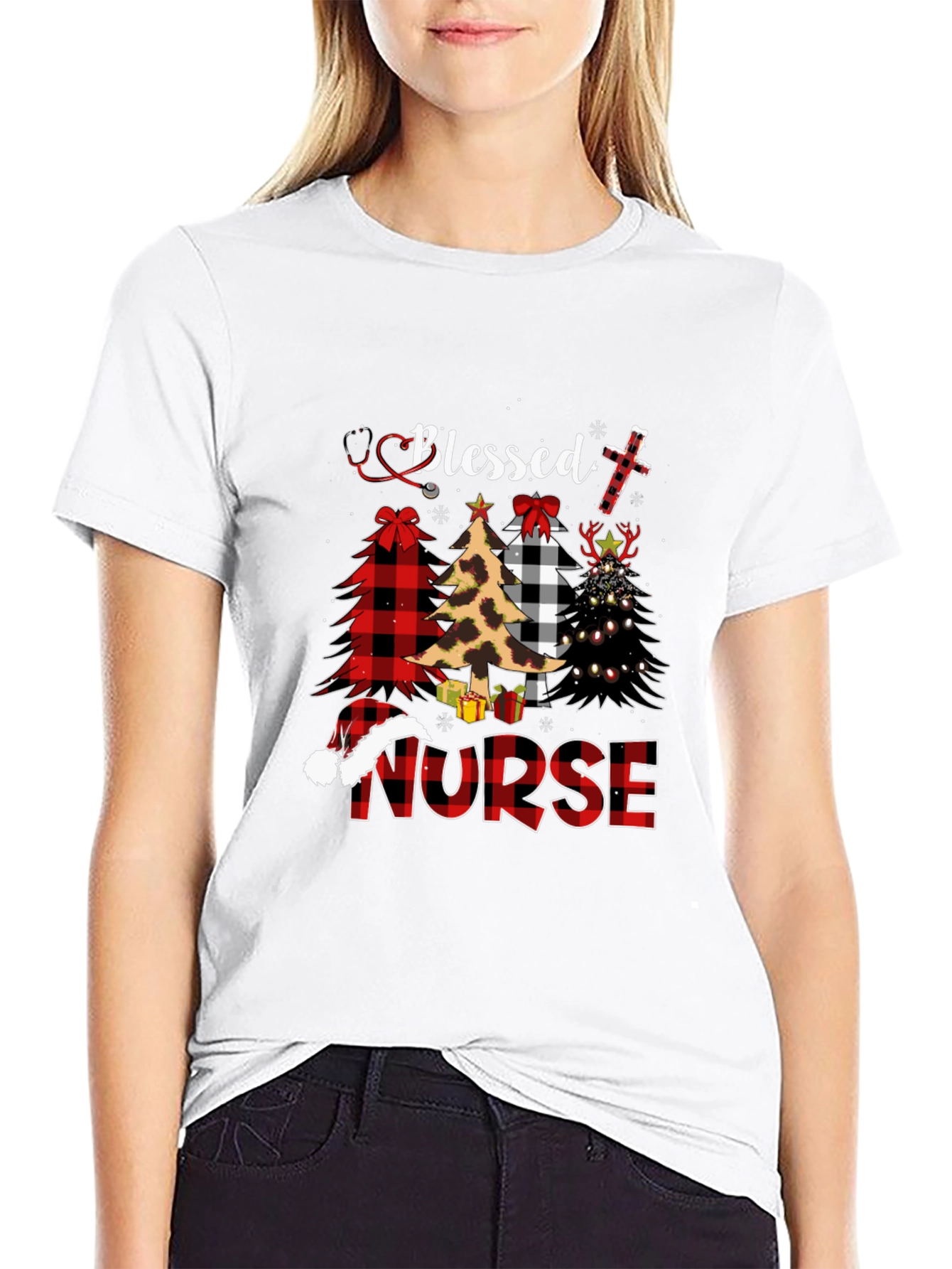 Black Blessed Nurse Christmas Tree Plaid T-Shirt view 9