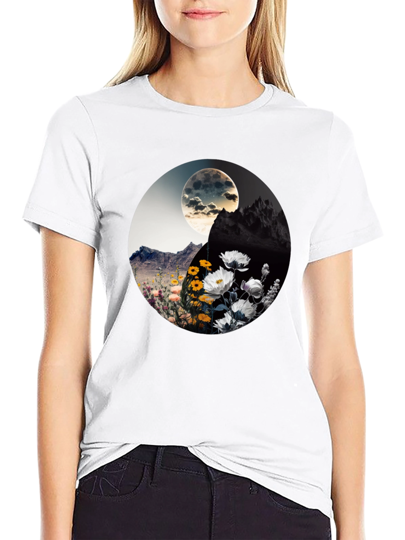 Black Yin Yang Floral Graphic Tee - Stylish Comfort view 9