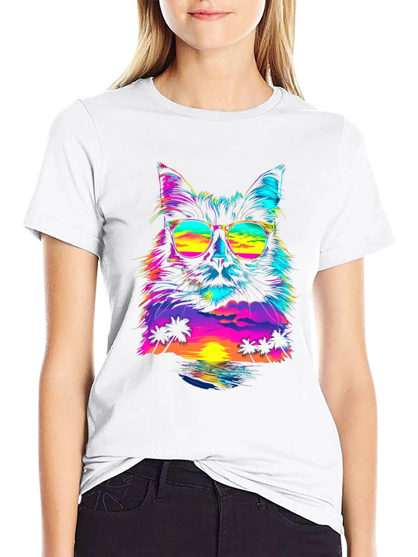 Black Retro Sunset Cat T-Shirt - Vibrant Graphic Tee view 9