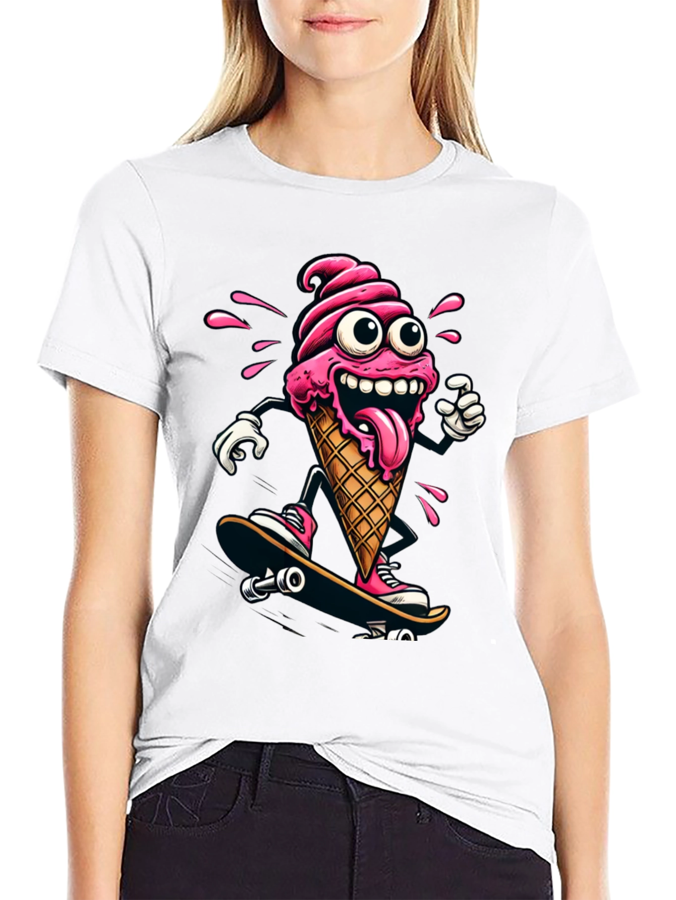 Black Skateboarding Ice Cream T-Shirt - Funny Cartoon Tee view 9