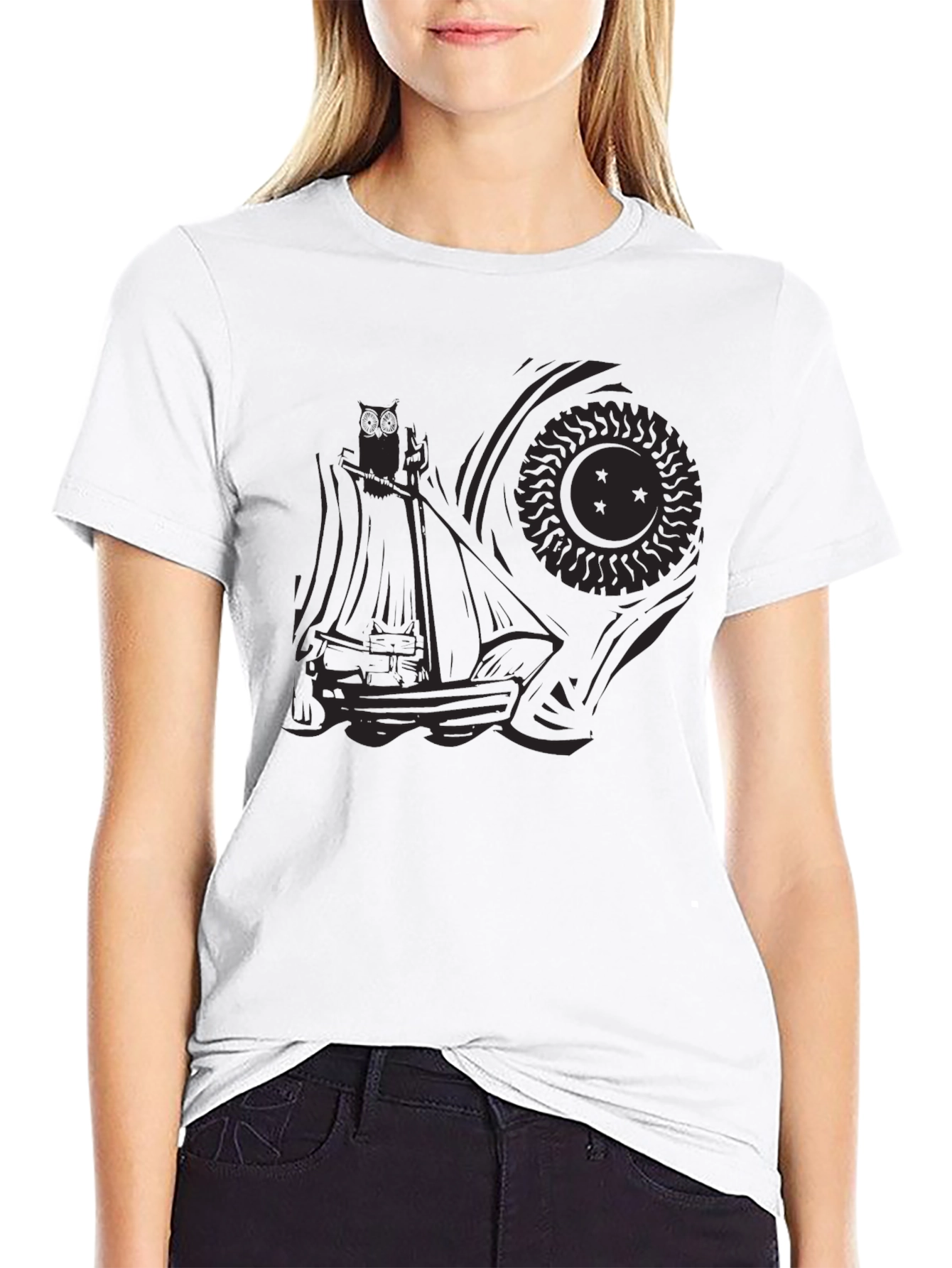 Black Men's Black Graphic Tee - Ship and Sun Design view 9