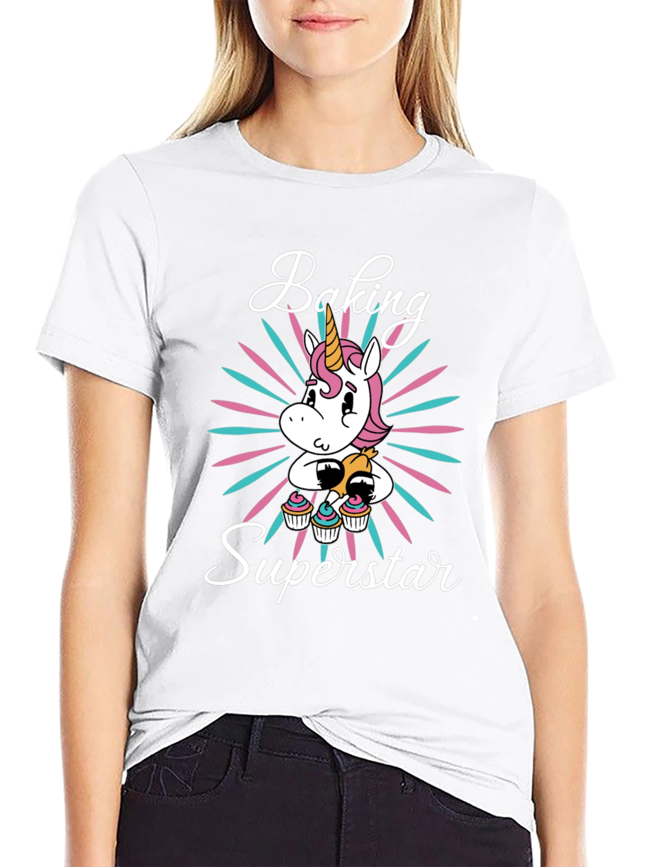 Black Baking Superstar Unicorn Graphic T-Shirt view 9