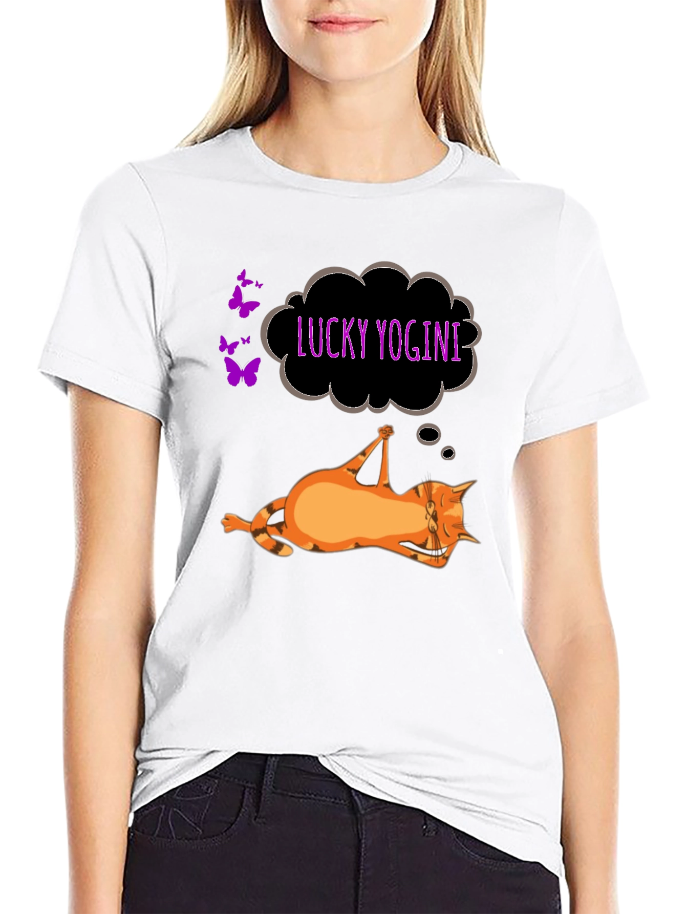 Black Lucky Yogini Cat Black T-Shirt view 9