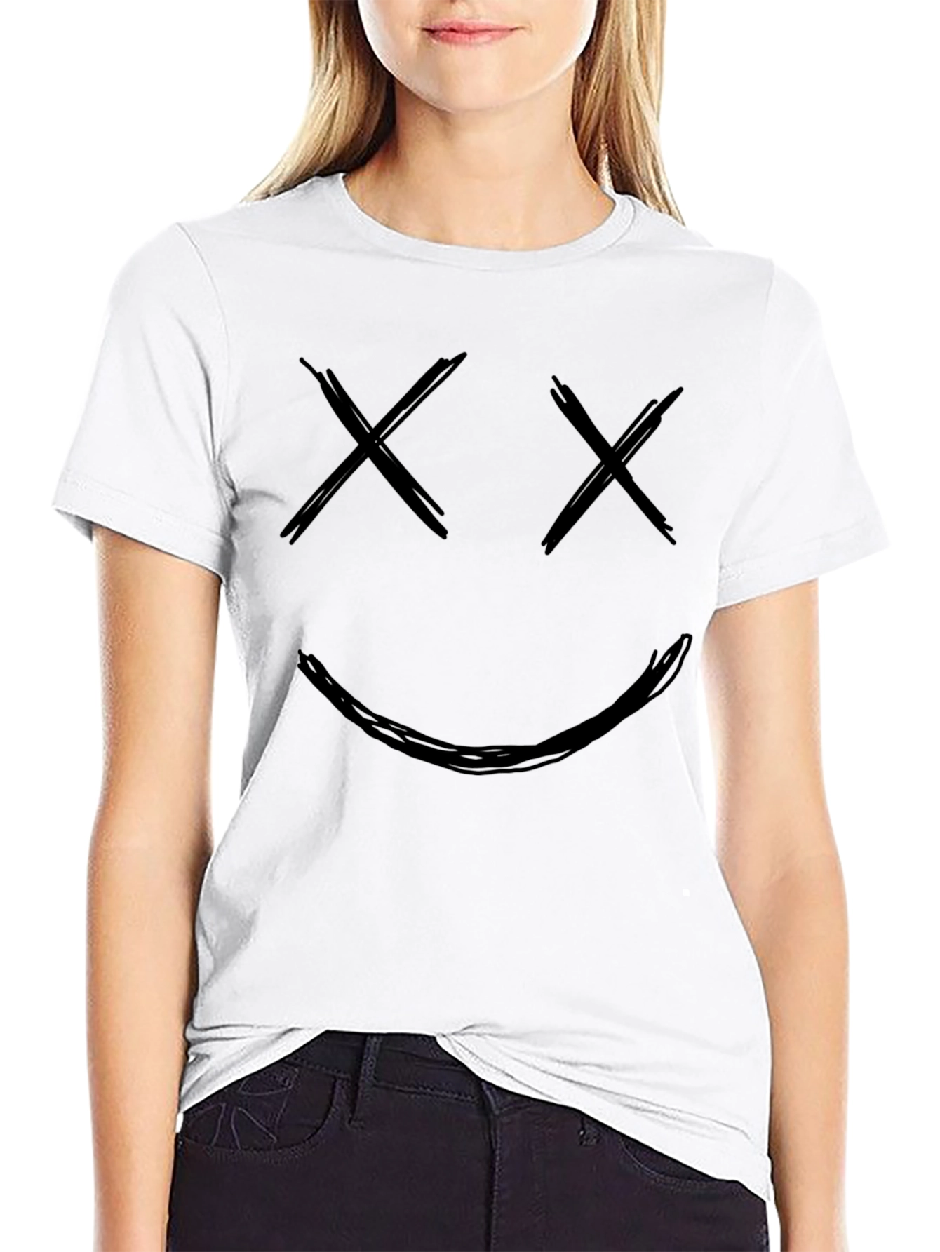 Black Smiley Face Graphic Tee - Black Crew Neck Cotton T-Shirt view 9