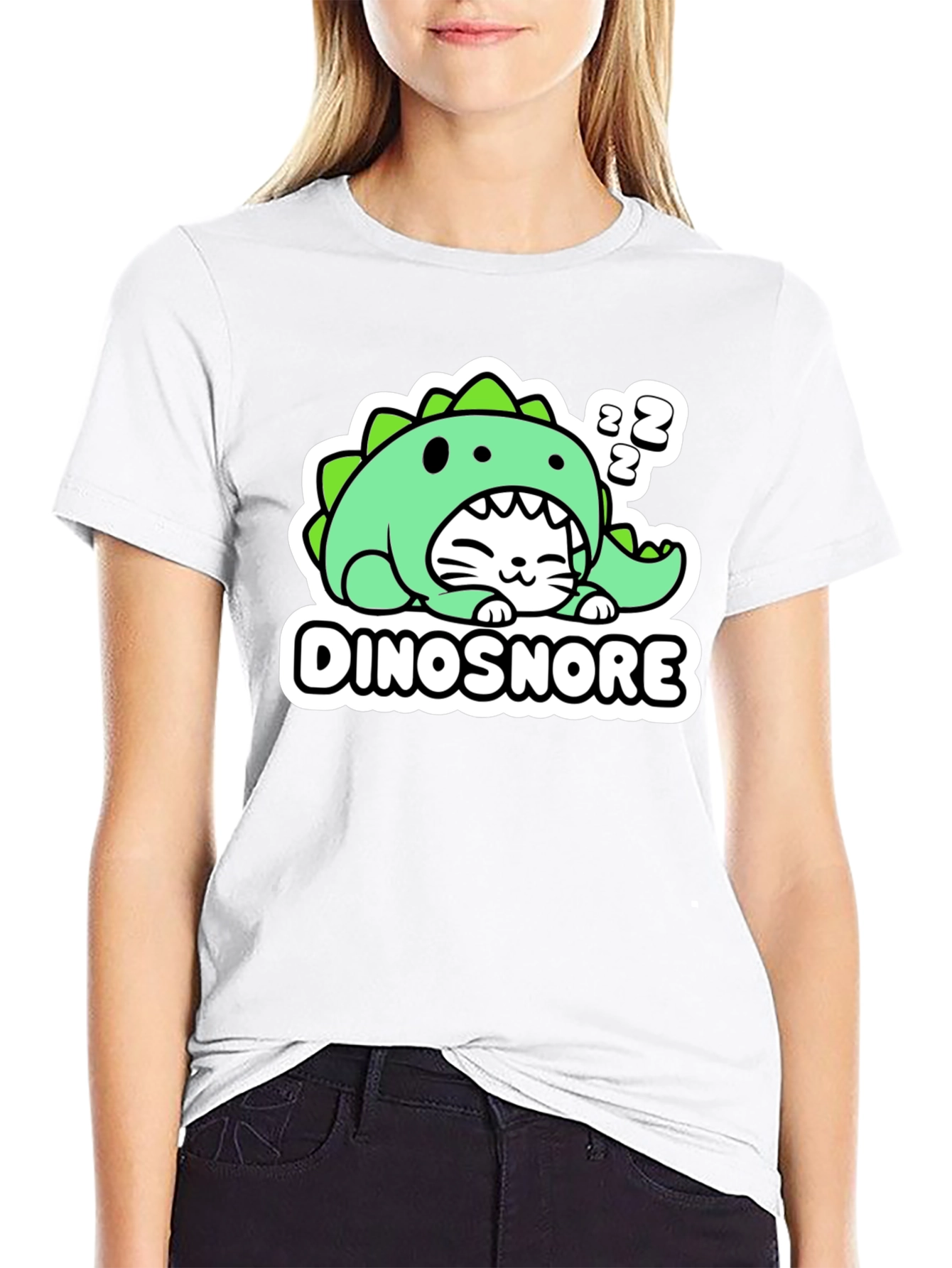 Black Dinosnore Cat T-Shirt - Funny Sleeping Dinosaur Tee view 9