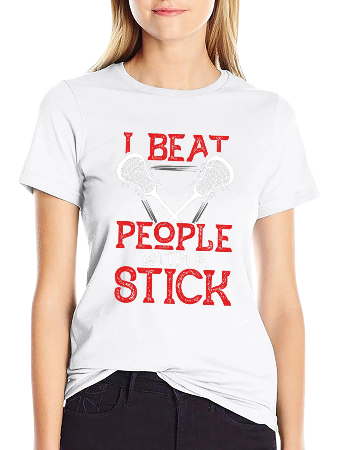 Black I Beat People With a Stick Lacrosse T-Shirt view 9