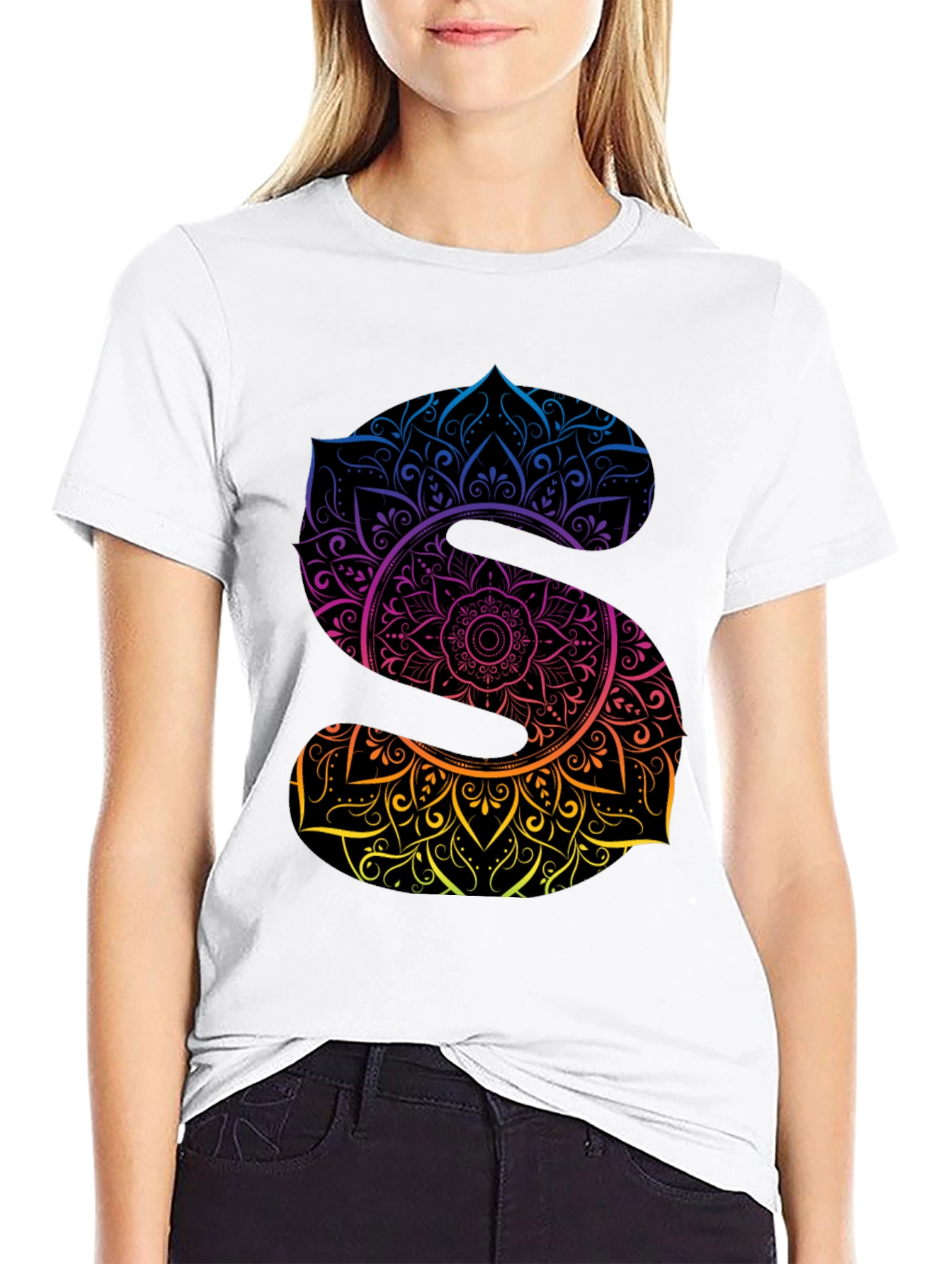 Black Mandala Letter S Graphic Black T-Shirt view 9