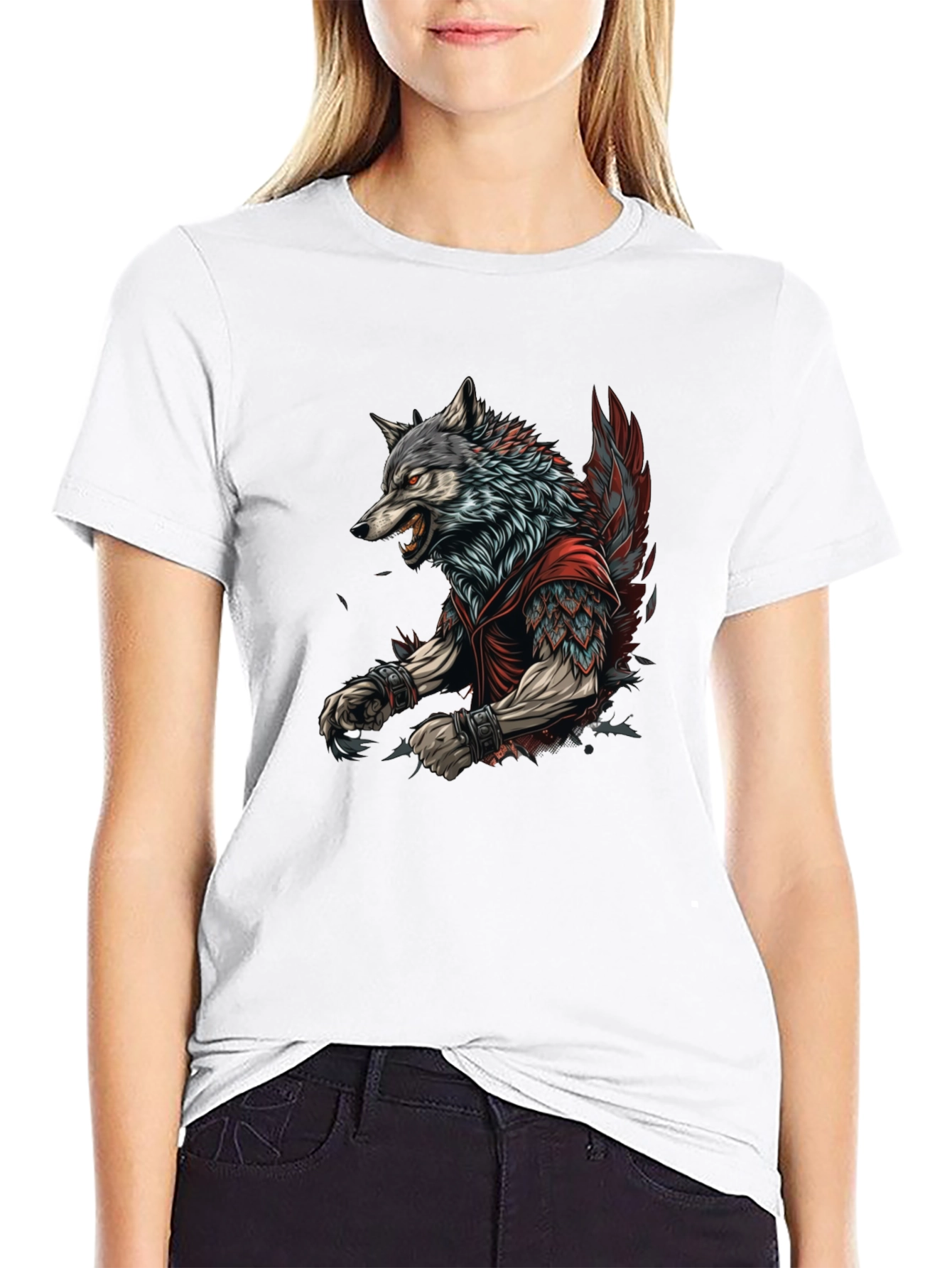 Black Wolf Warrior Graphic Print Black T-Shirt view 9