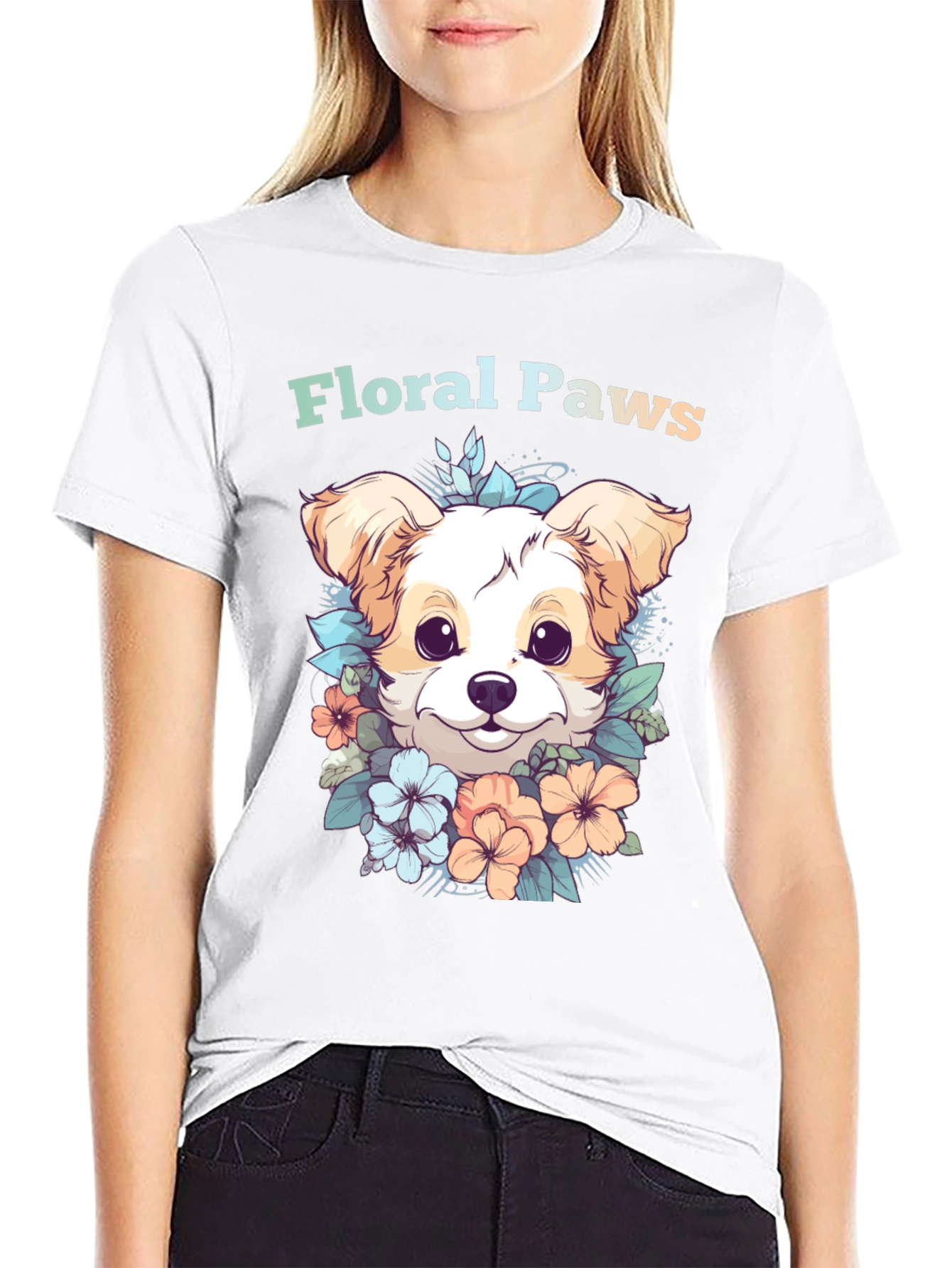 Black Floral Paws Dog Graphic Tee - Cute Puppy Shirt view 9
