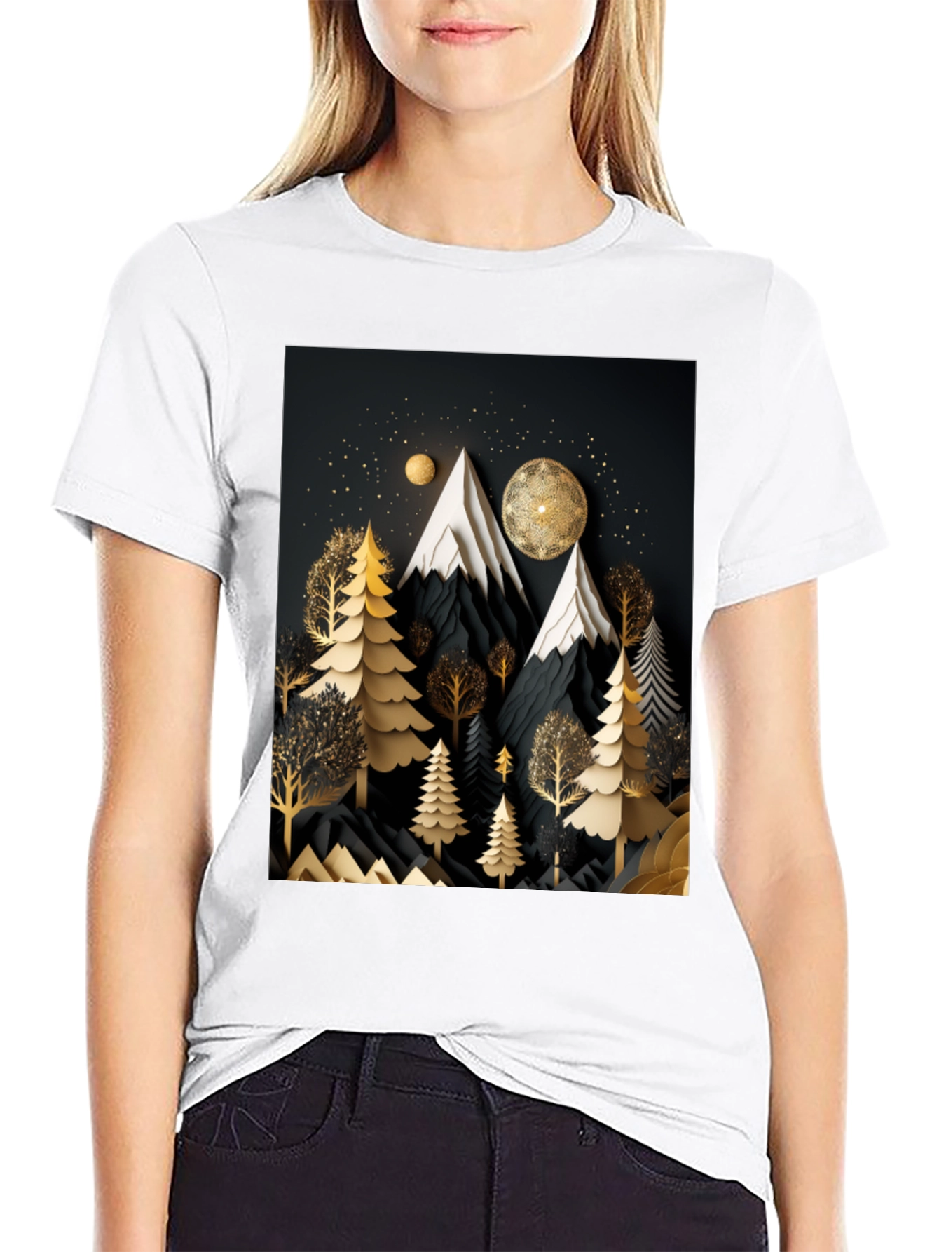 Black Elegant Mountain Forest T-Shirt view 9