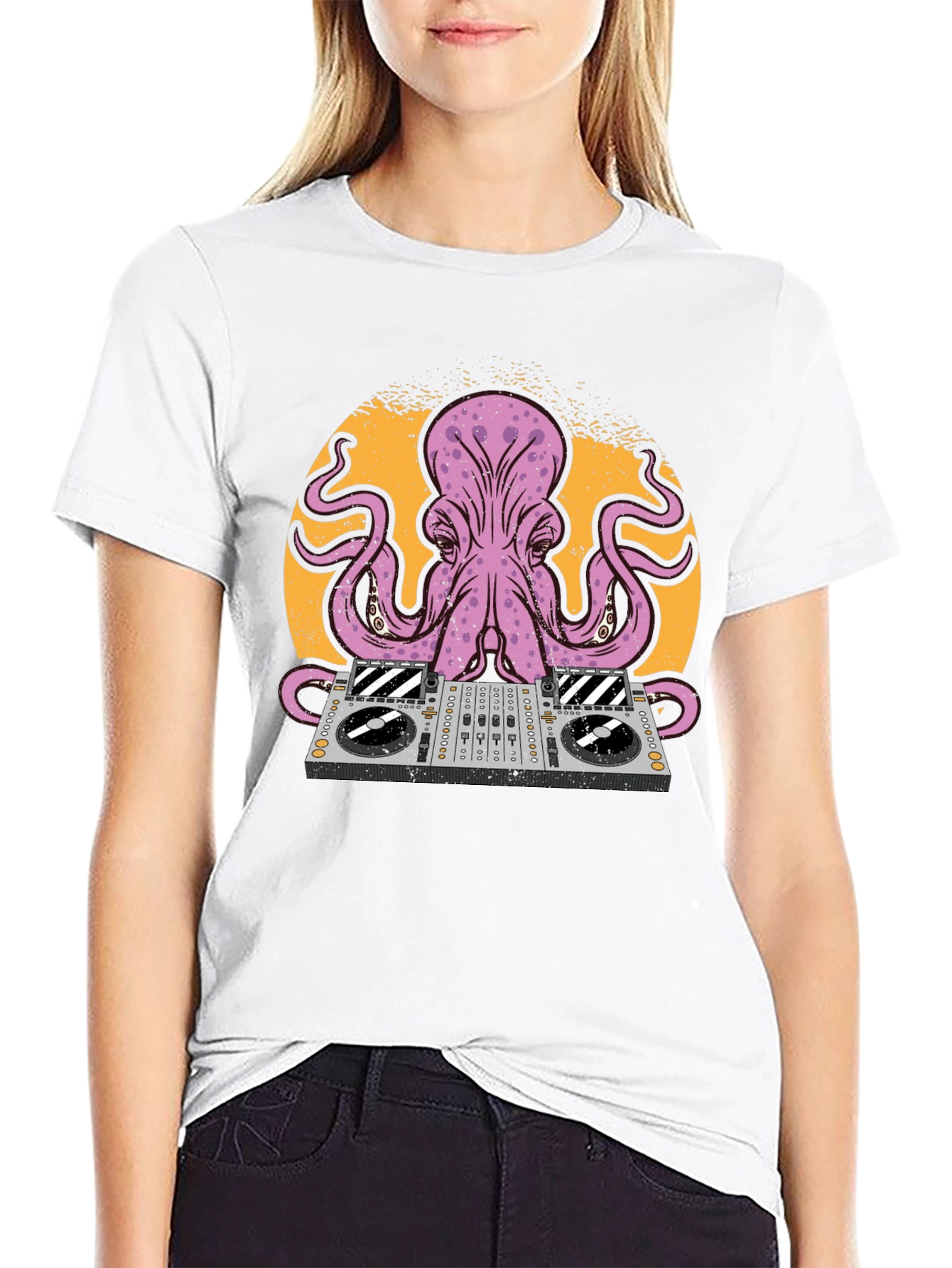 Black DJ Octopus Graphic Tee - Black Cotton T-Shirt view 9