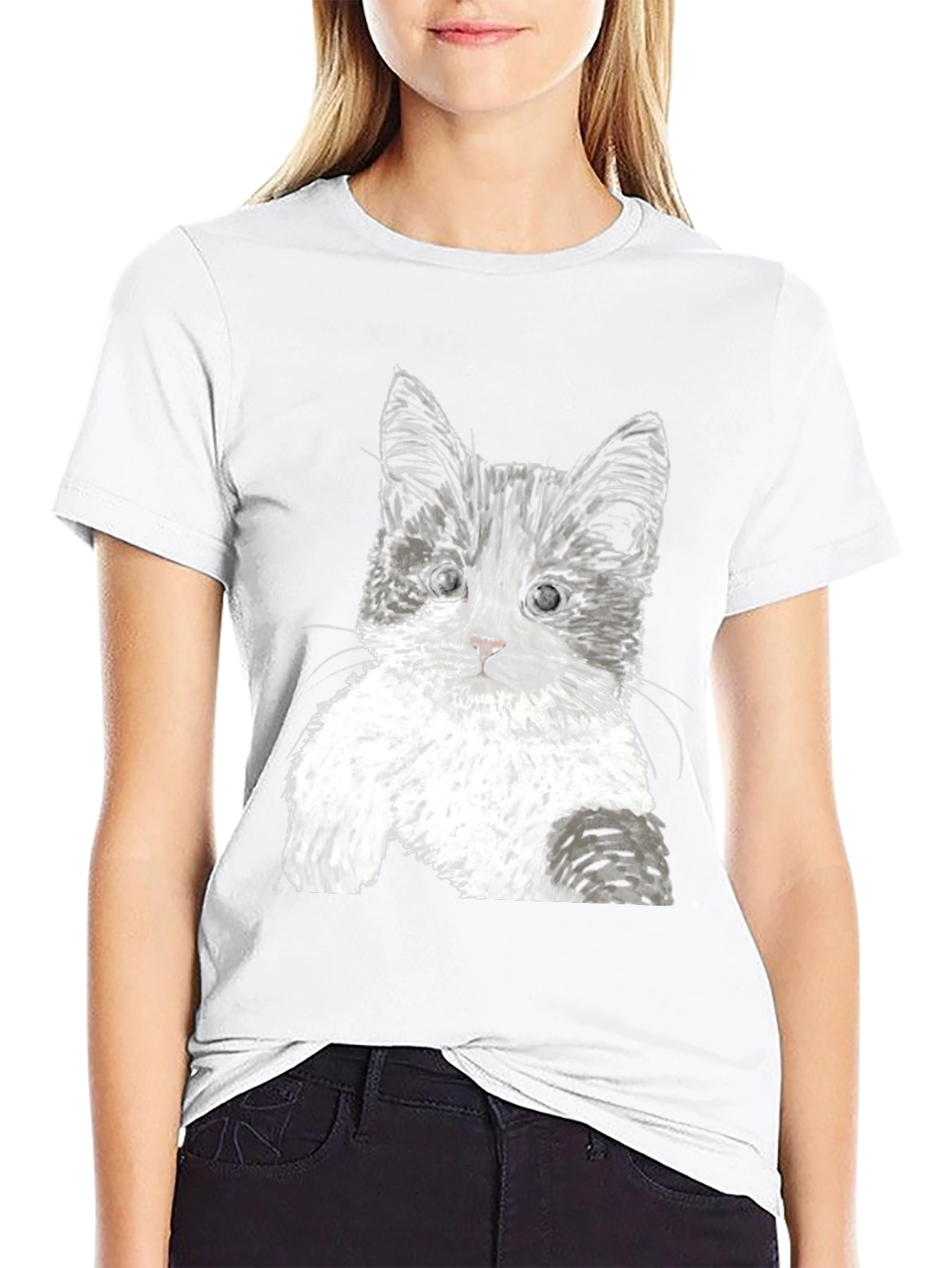 Black Cute Kitten Graphic Tee - Black Cotton T-Shirt view 9