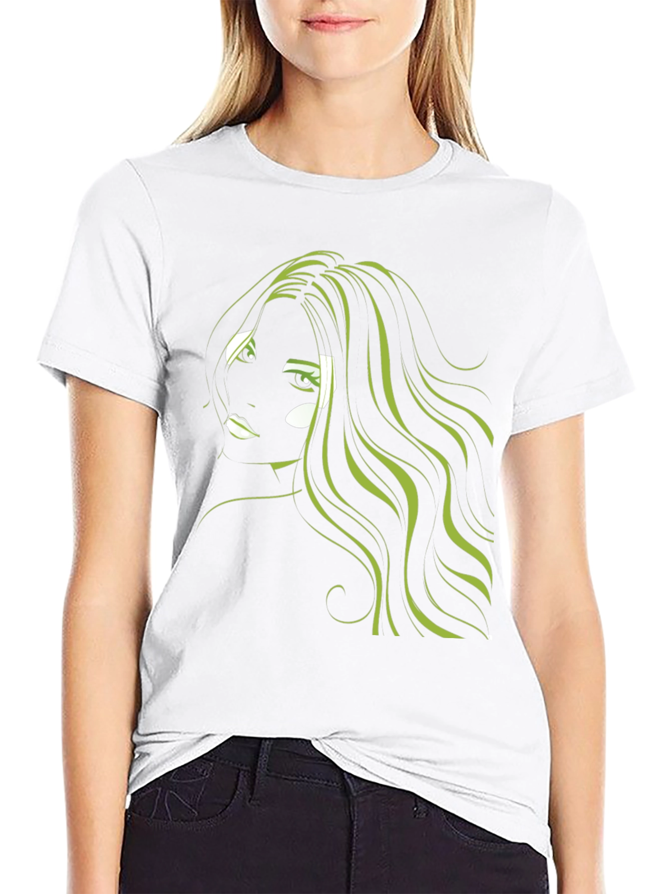Black Graphic T-Shirt: Green Hair Anime Style view 9