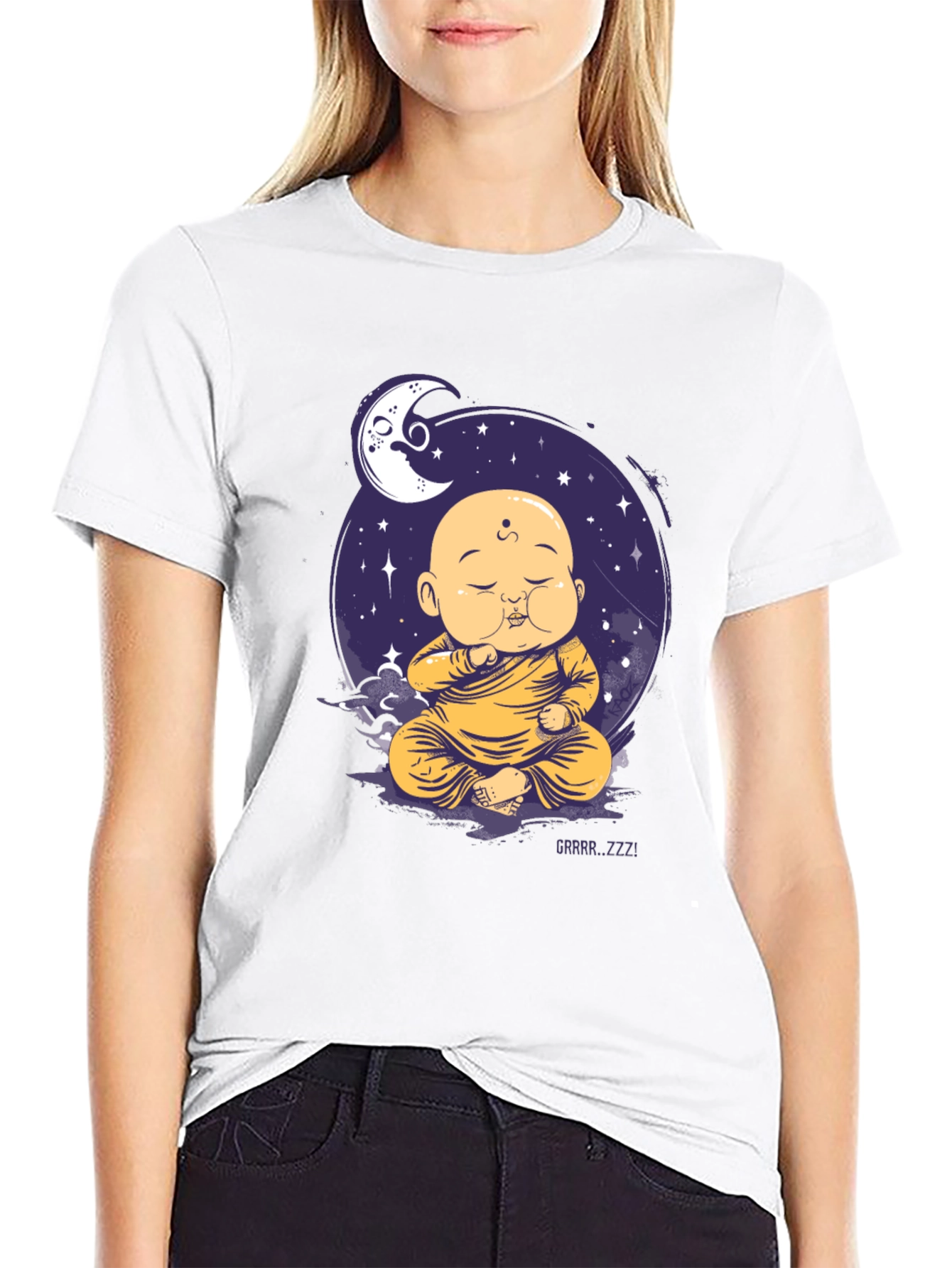 Black Zen Monk Moon T-Shirt - Sleepy Buddha Design view 9