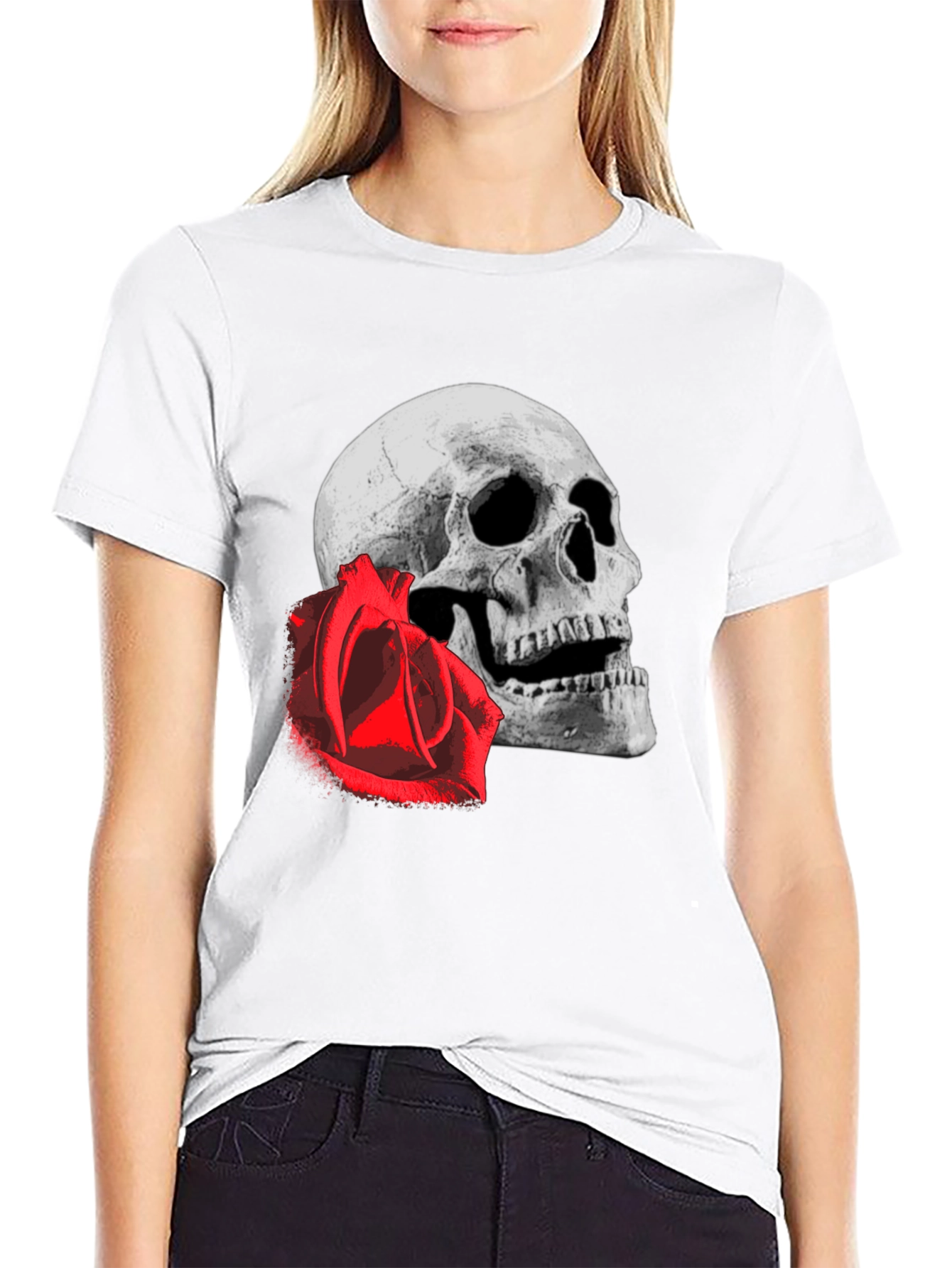 Black Skull & Rose Graphic Tee - Edgy Black T-Shirt view 9