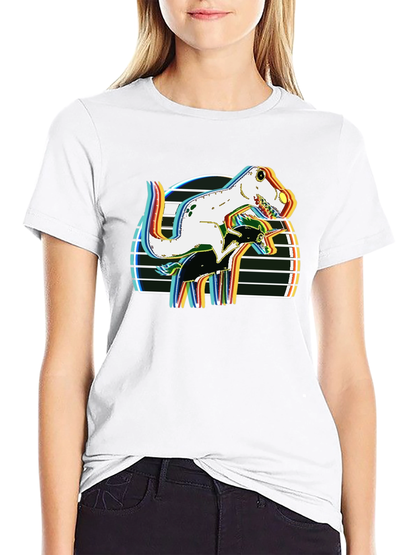 Black Dino Riding Unicorn Retro Style Graphic T-Shirt view 9