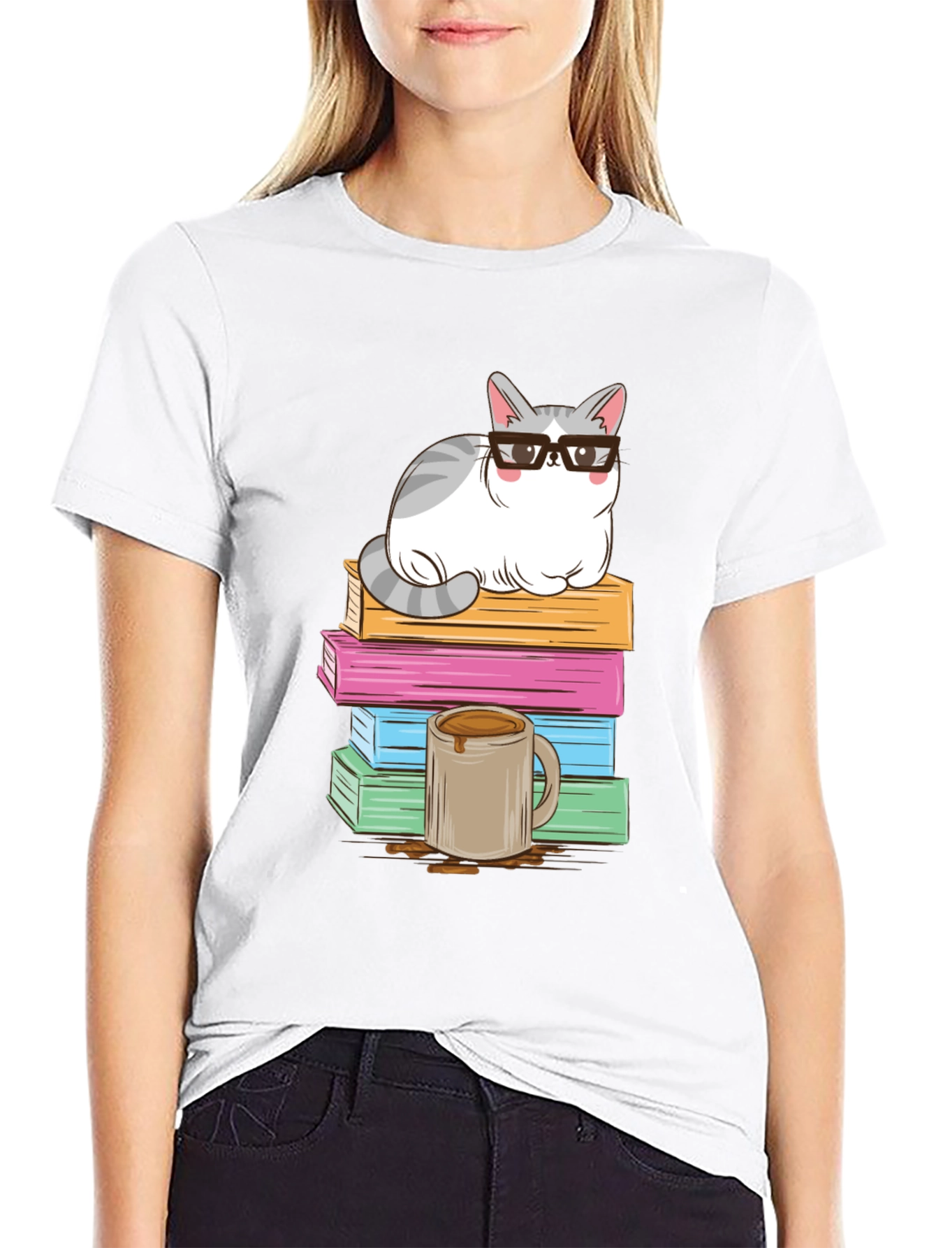 Black Cat with Glasses on Books T-Shirt view 9