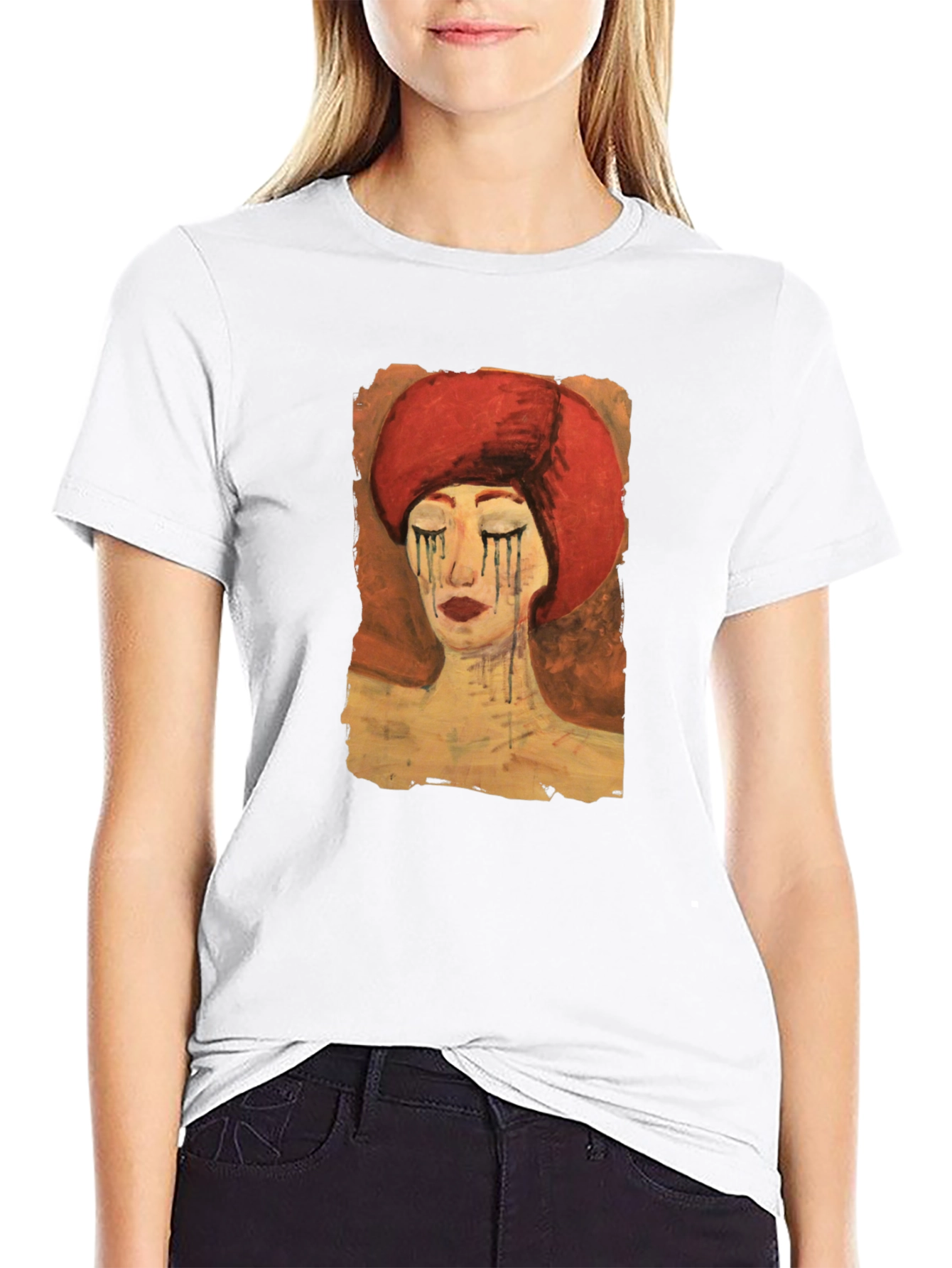 Black Artistic Woman Graphic Tee - Black Casual T-Shirt view 9