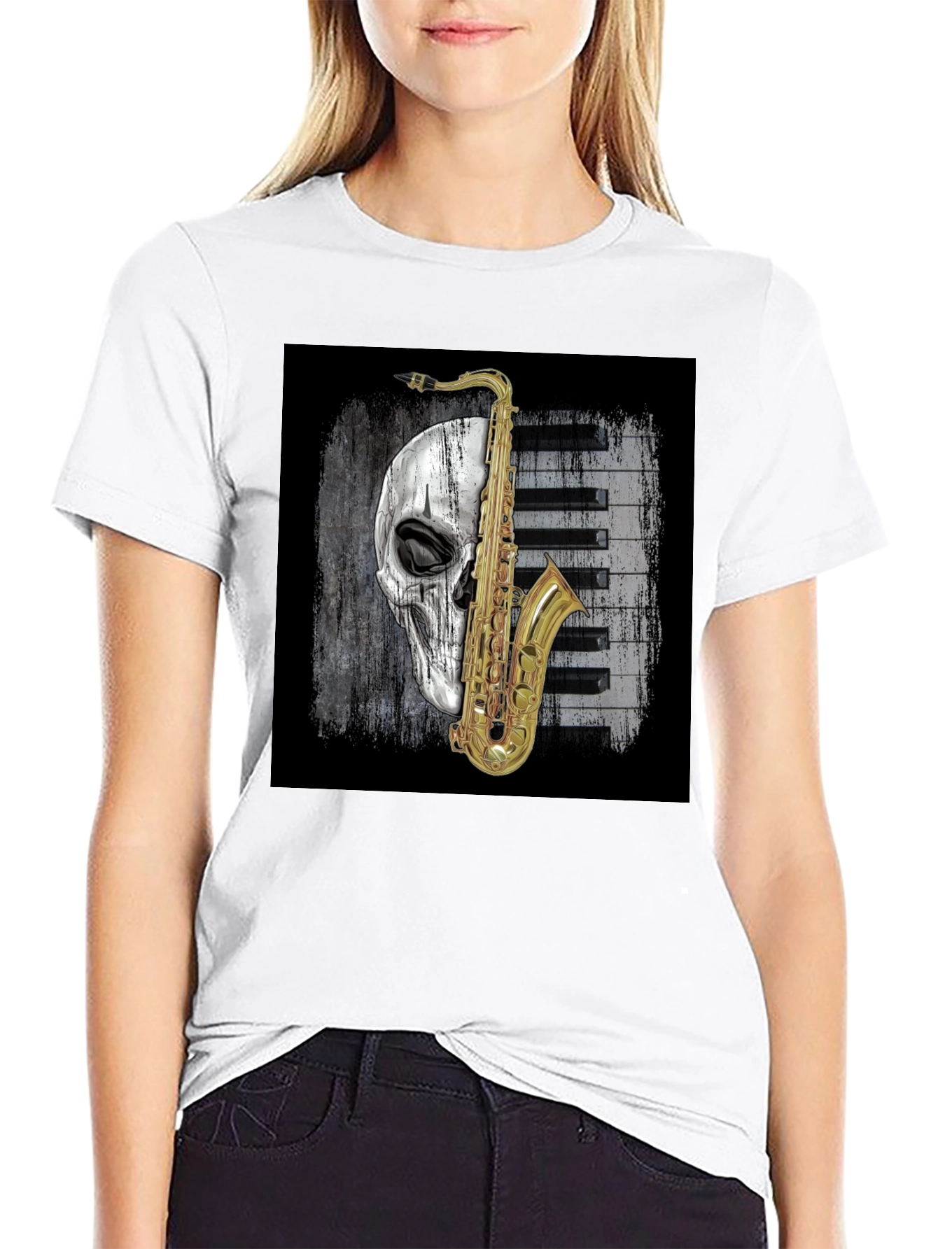 Black Skull Saxophone Graphic Tee view 9
