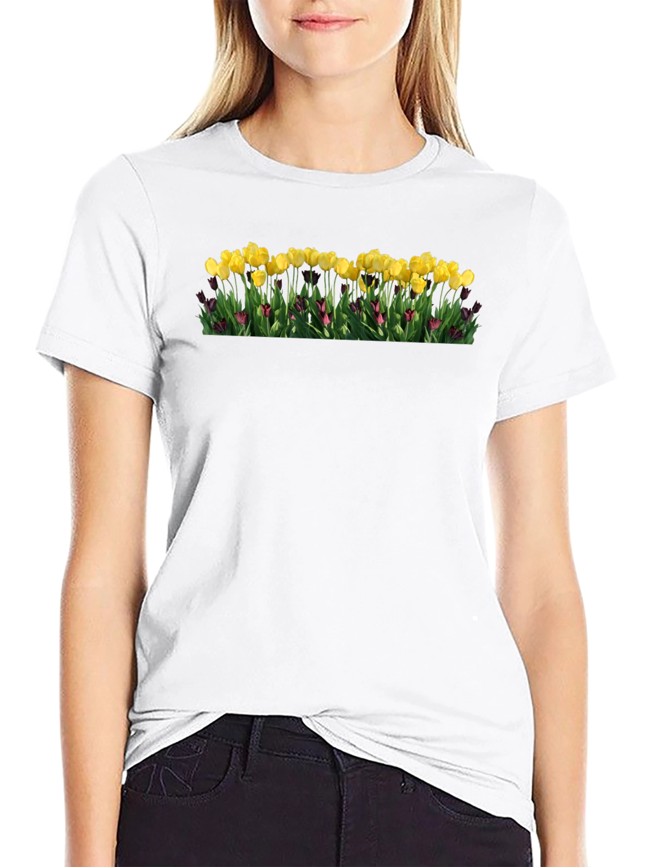Black Floral Print T-Shirt - Yellow Tulips view 9
