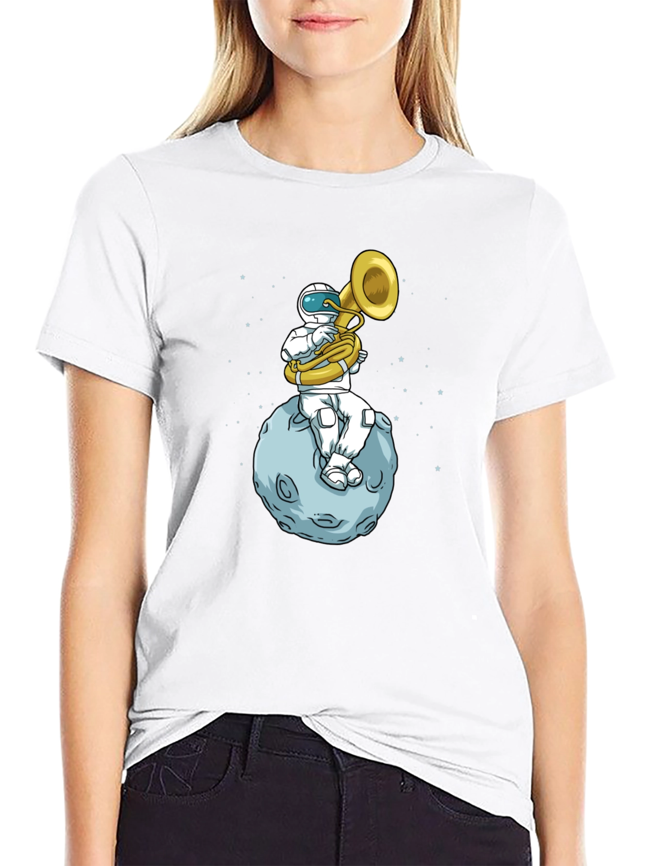Black Astronaut Tuba Player on Moon T-Shirt view 9