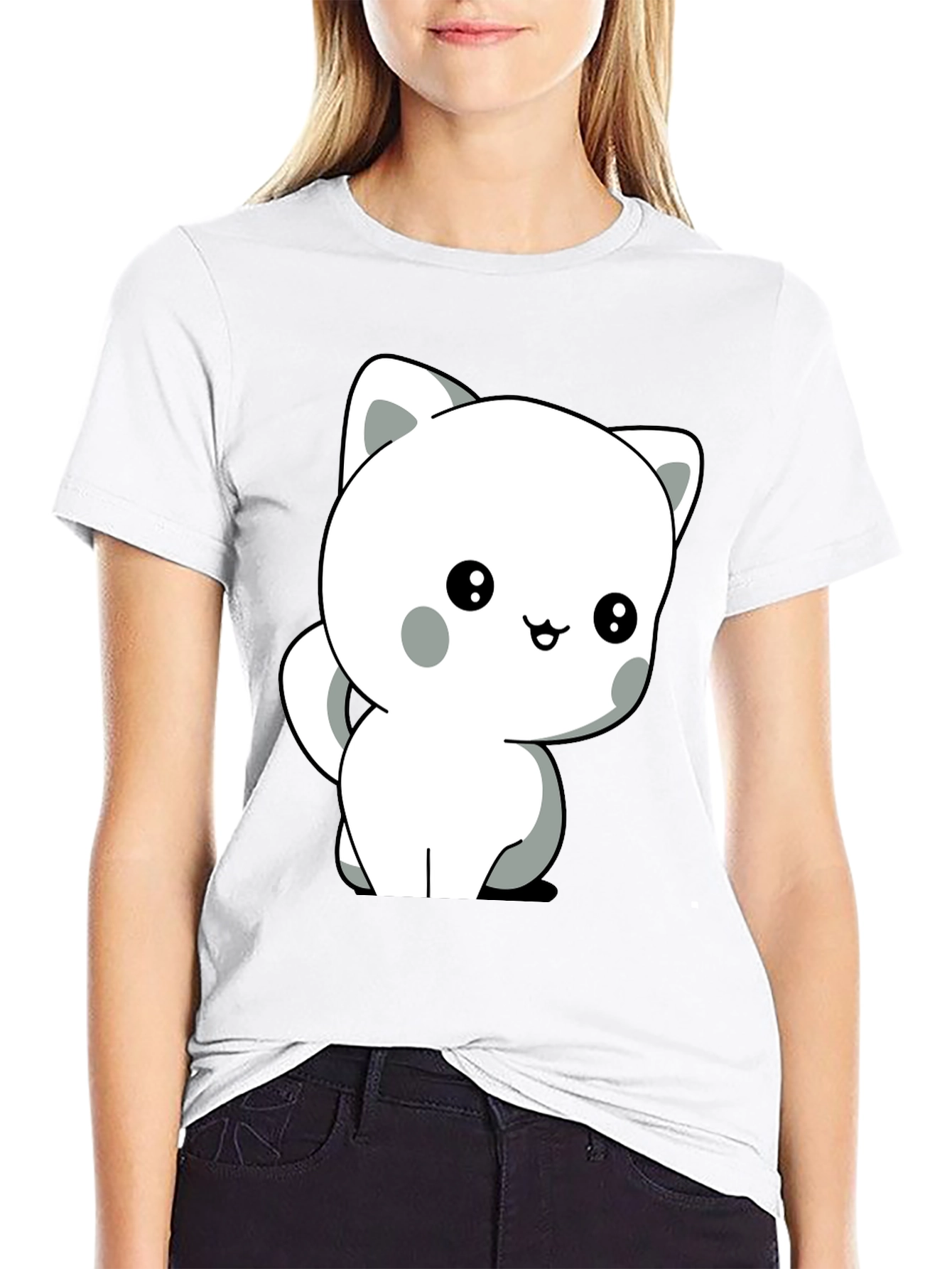 Black Cute Cartoon Cat Graphic Tee - Unisex Soft Cotton T-Shirt view 9