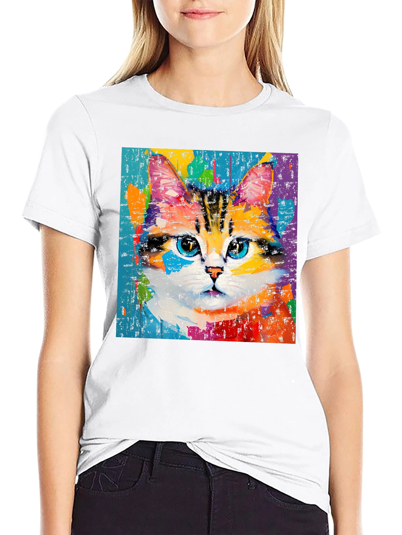 Black Colorful Cat Art T-Shirt view 9