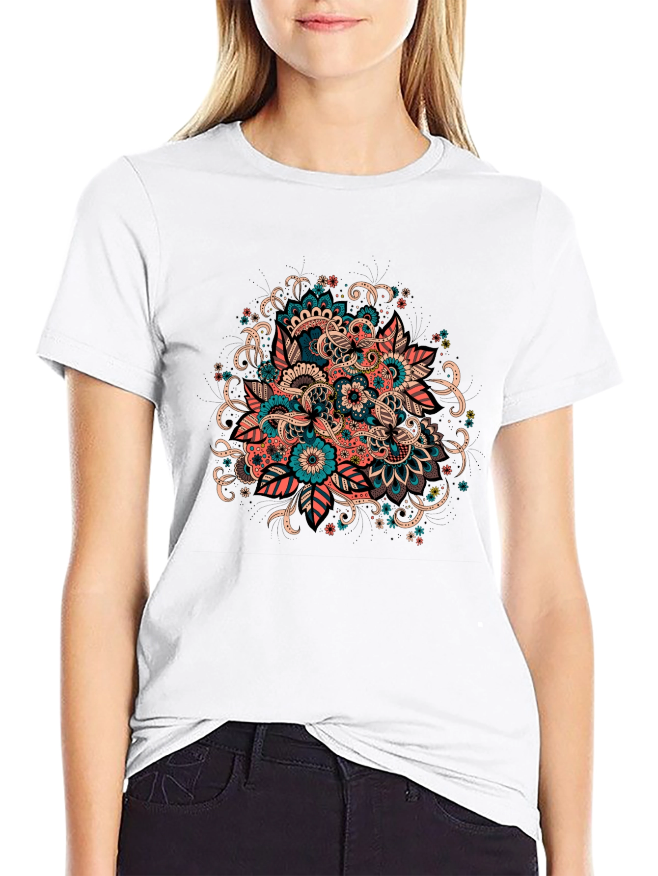 Black Floral Mandala Graphic Tee - Black Cotton T-Shirt view 9
