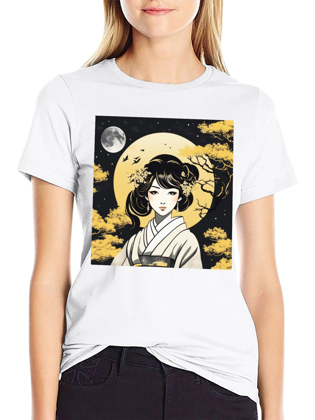 Black Asian Woman T-Shirt - Moonlit Kimono Design view 9