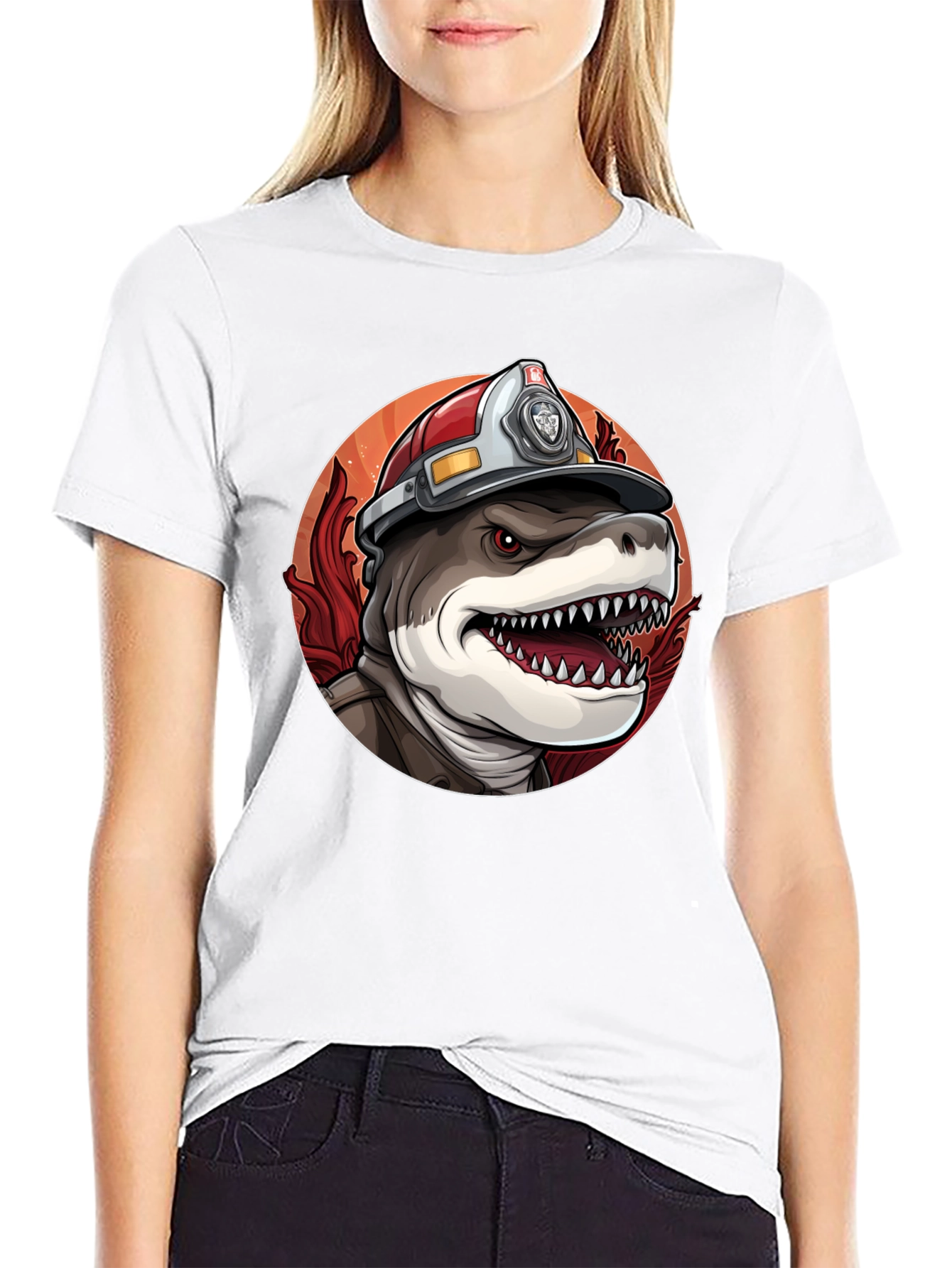 Black Firefighter Shark T-Shirt - Quirky Graphic Tee view 9