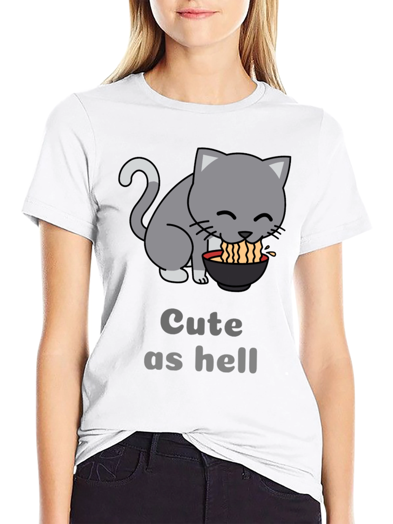 Black Cute Cat Ramen T-Shirt - Funny Anime Style Tee view 9