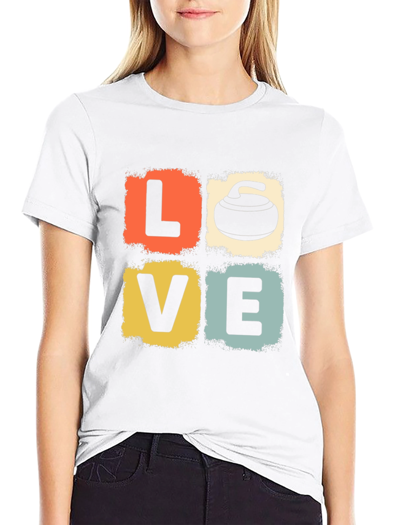 Black LOVE Curling Stone Retro Graphic T-Shirt view 9