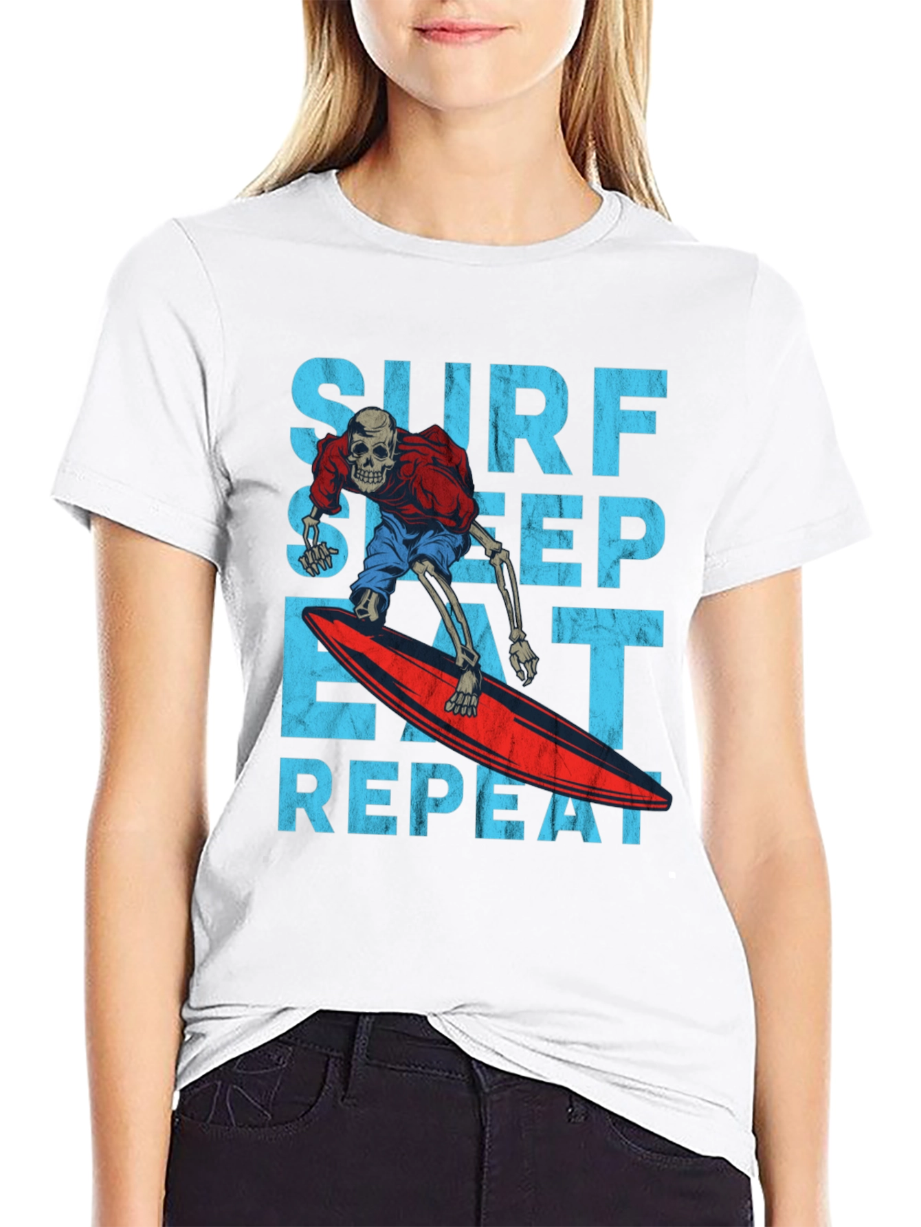 Black Surf Sleep Eat Repeat Skeleton Surfer Graphic Tee view 9