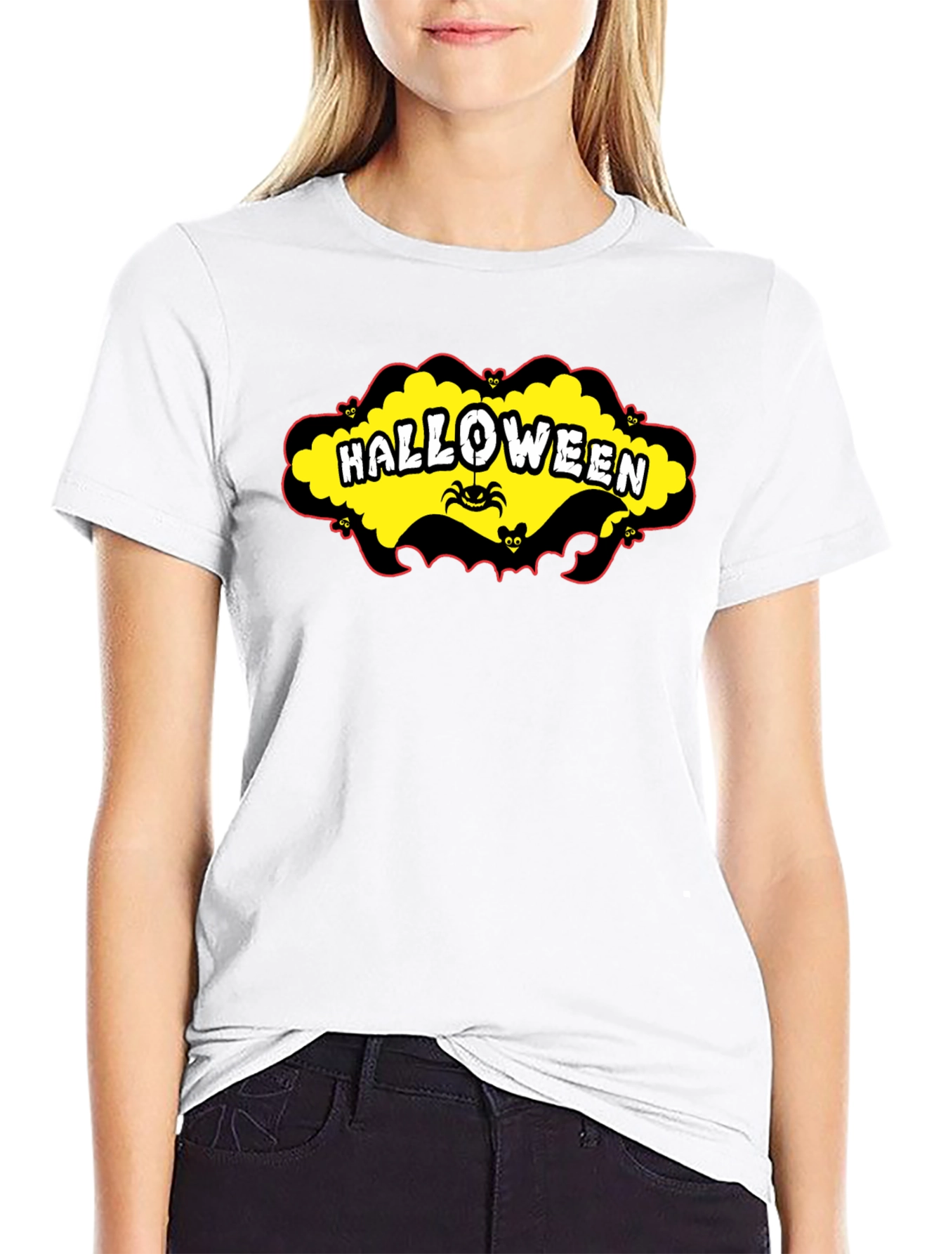 Black Halloween T-Shirt - Spooky Spider & Bats Design view 9