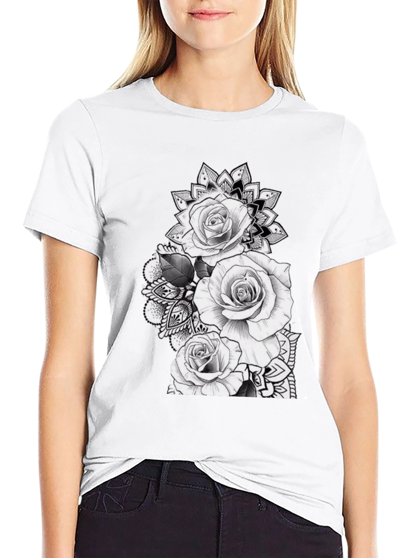 Black Black Rose Mandala Graphic Tee view 9
