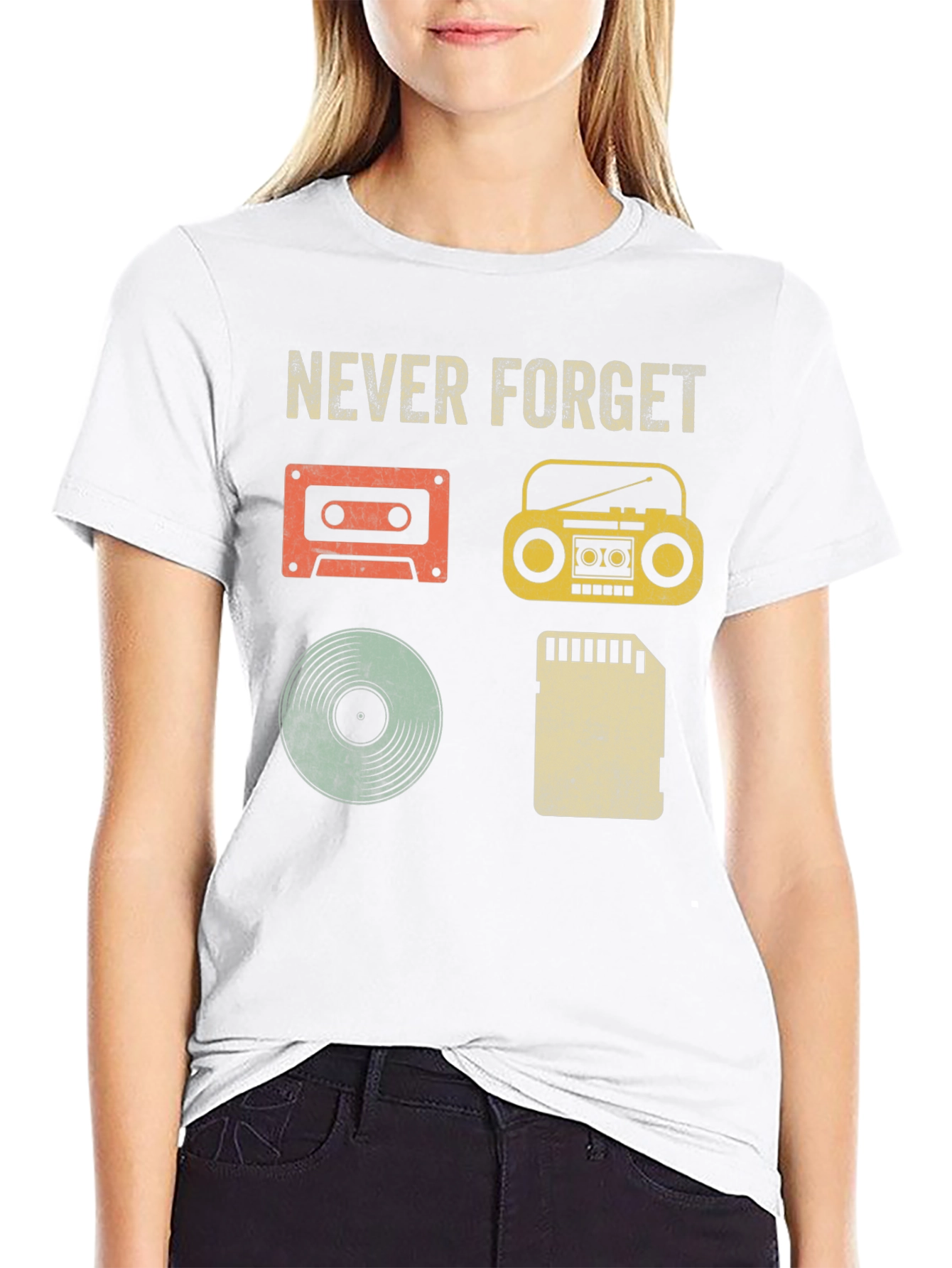 Black Retro Music T-Shirt - Never Forget Media Evolution view 9