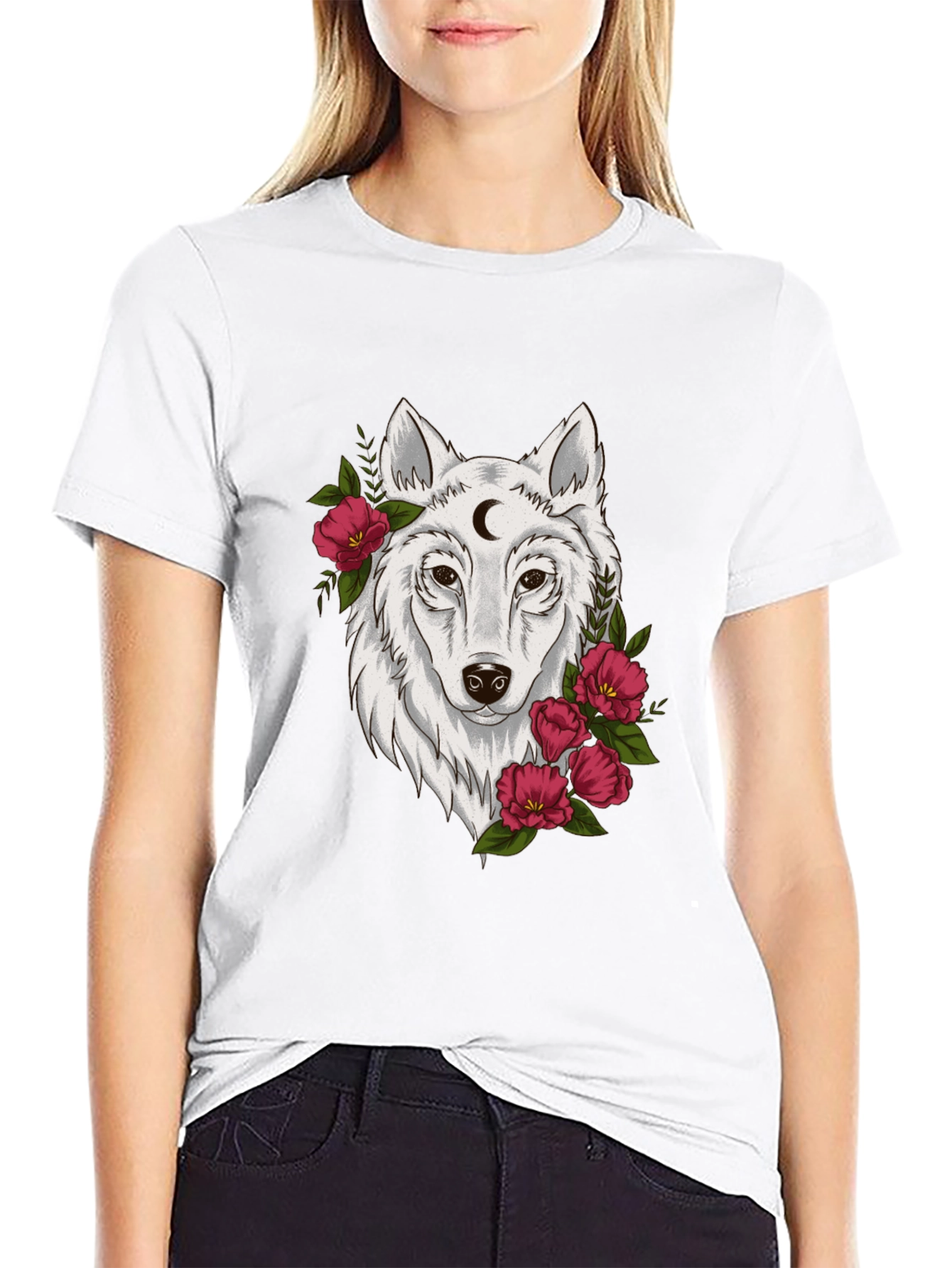 Black Wolf Moon & Flower Graphic T-Shirt - Mens view 9