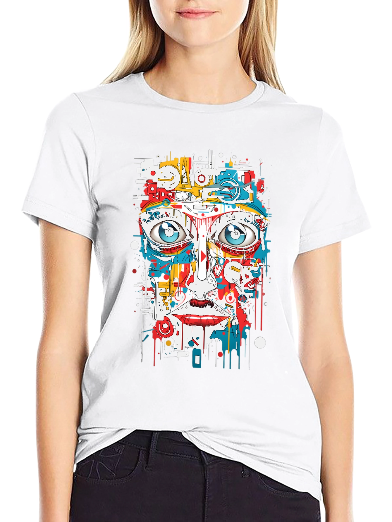 Black Abstract Face Graphic Print Black Tee view 9