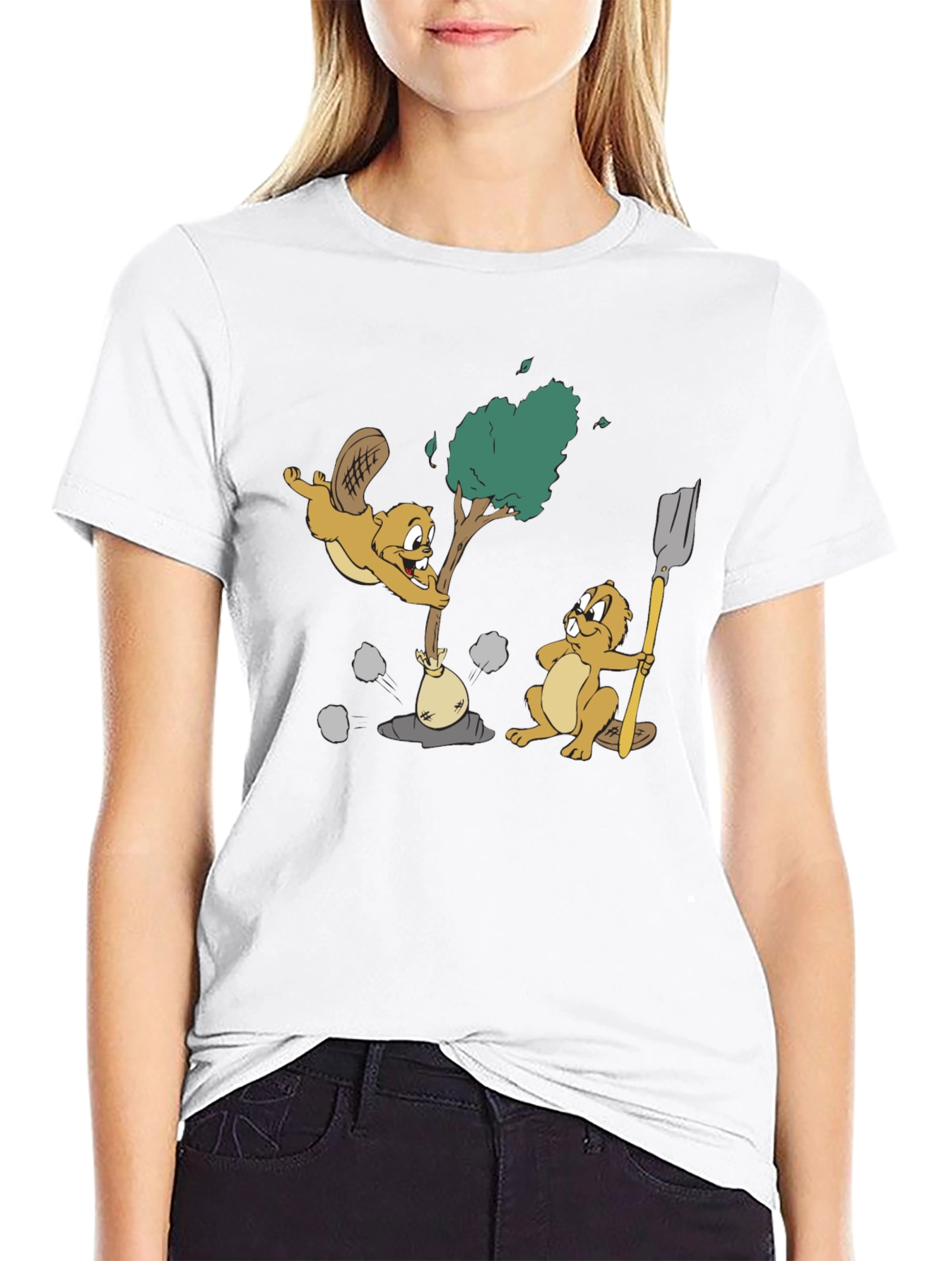 Black Funny Beaver Cartoon Graphic T-Shirt view 9
