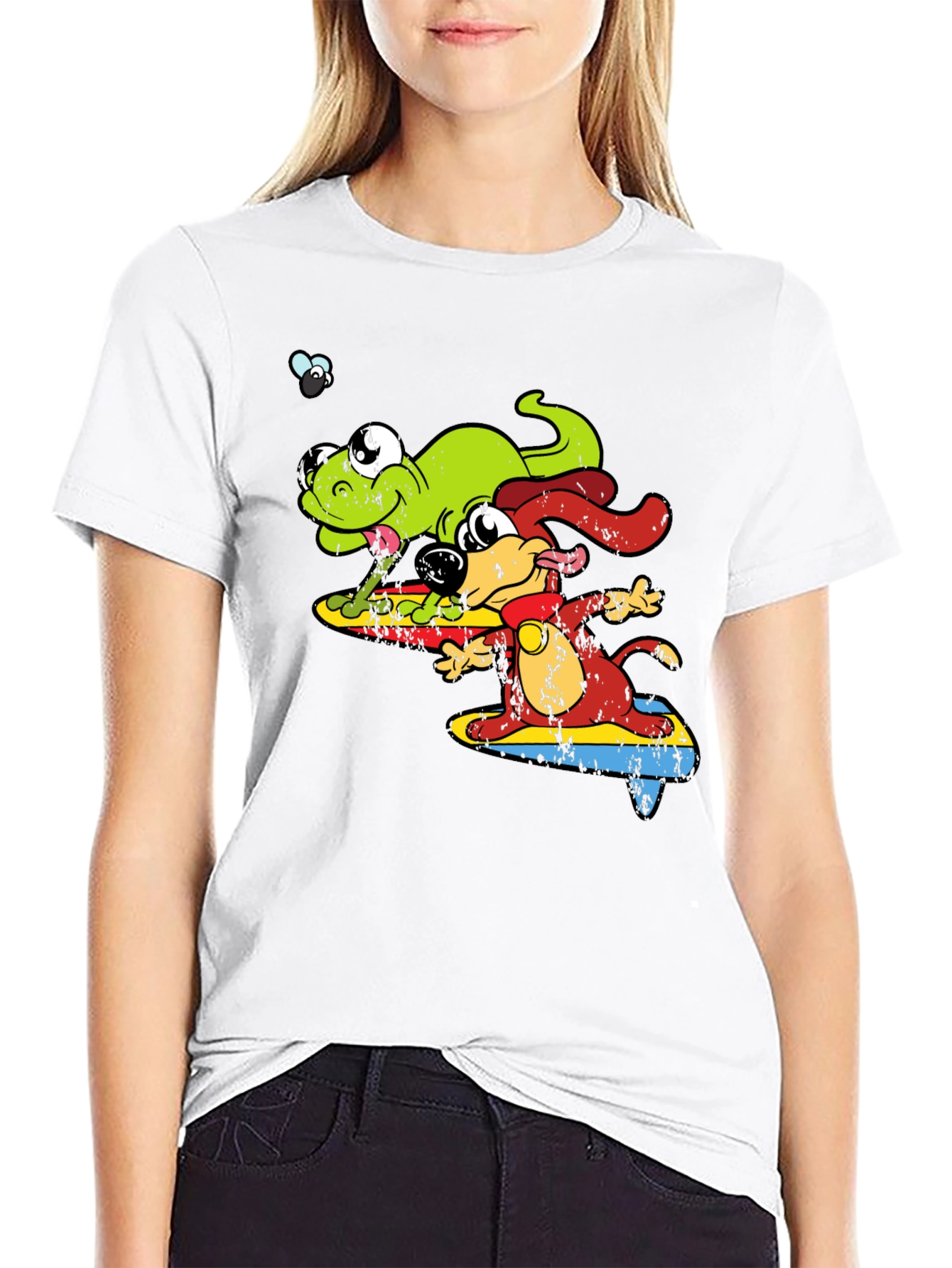 Black Cartoon Dog and Lizard Surfing Black T-Shirt view 9