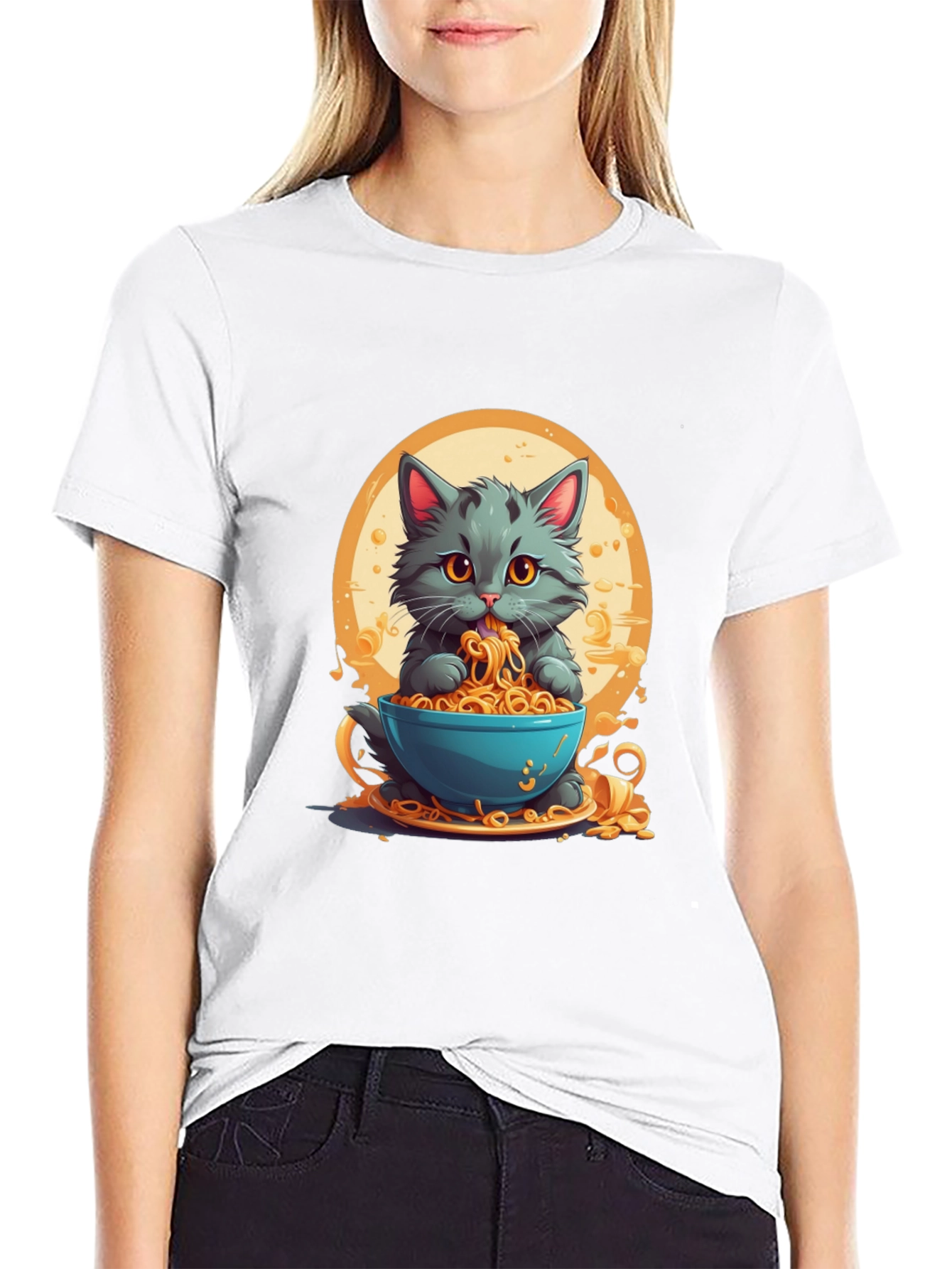 Black Cat Eating Noodles Graphic T-Shirt view 9