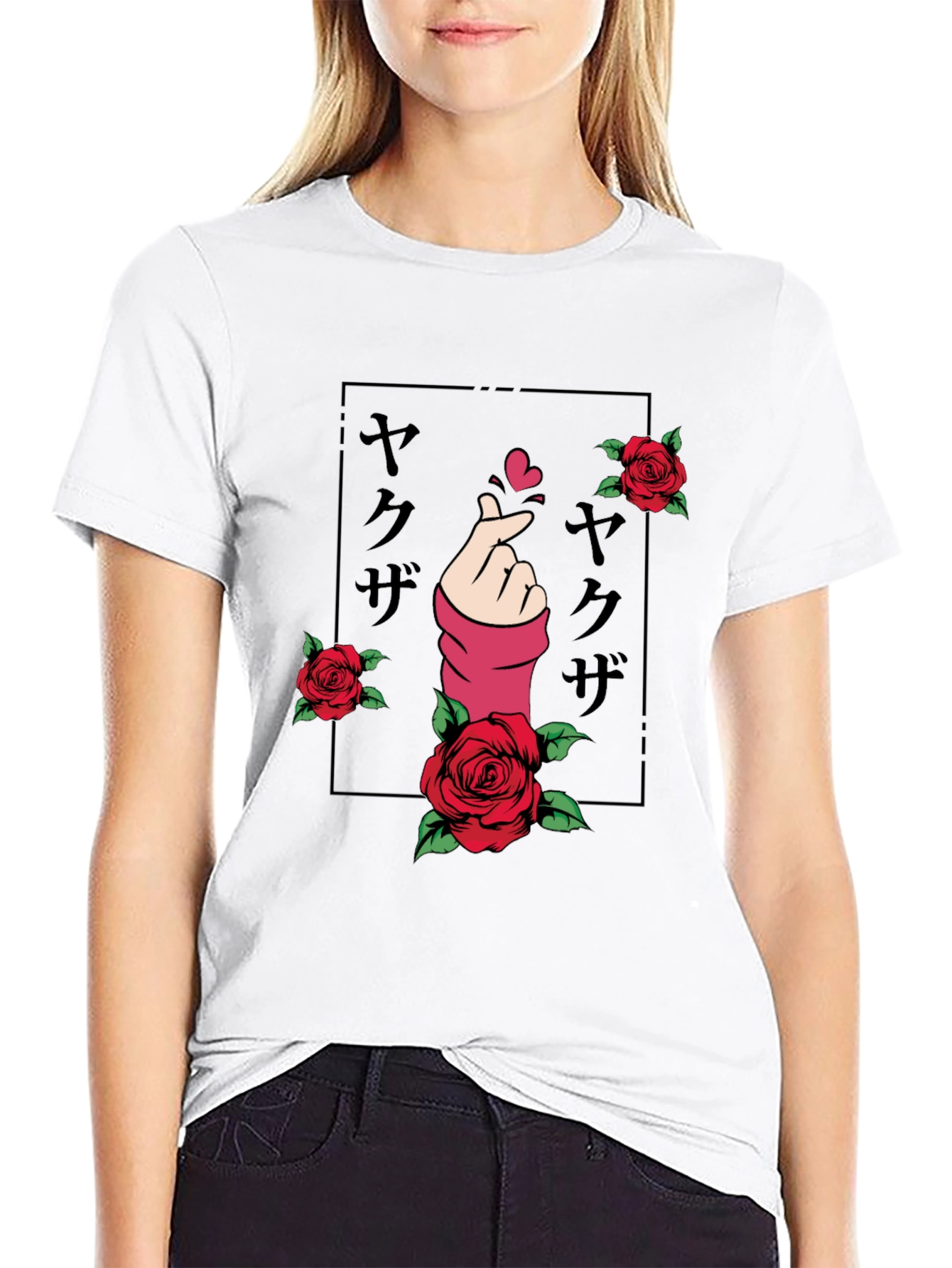 Black Finger Heart & Roses Graphic T-Shirt view 9