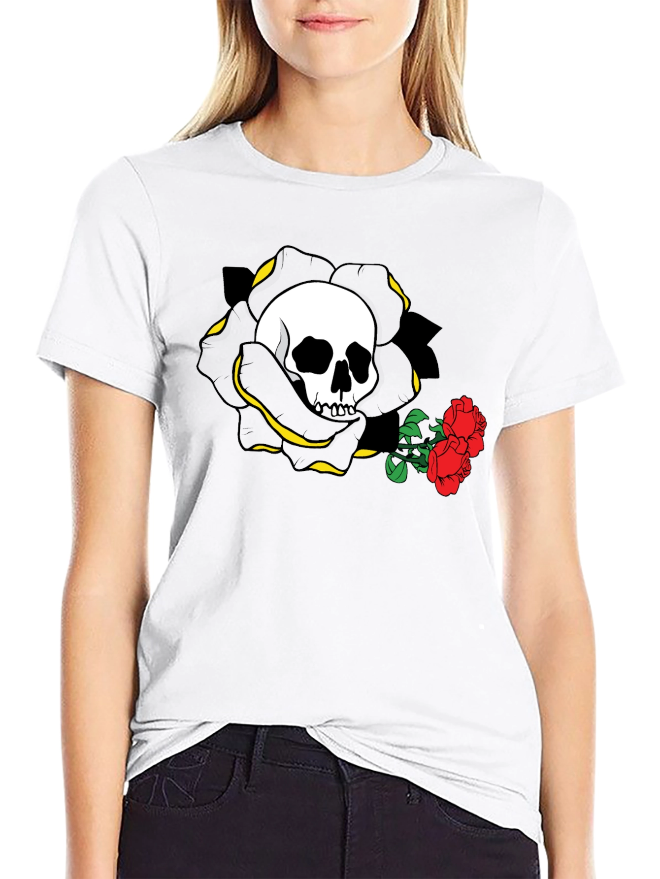 Skull and Roses Graphic Tee - Black Cotton Casual Shirt - 9