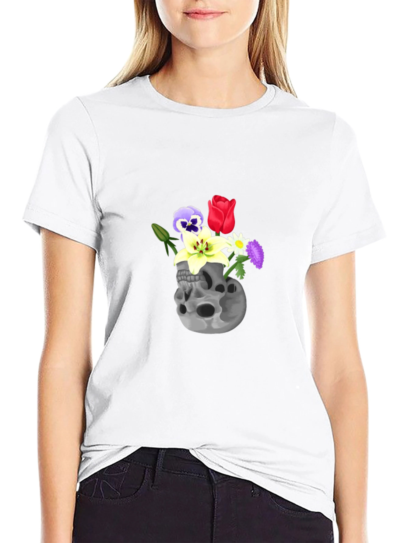 Black Skull & Flowers Graphic Tee - Black Cotton T-Shirt view 9