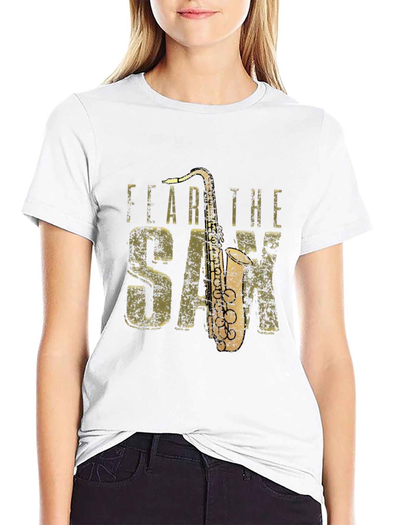 Black Fear the Sax T-Shirt - Black Cotton Tee with Saxophone Graphic view 9